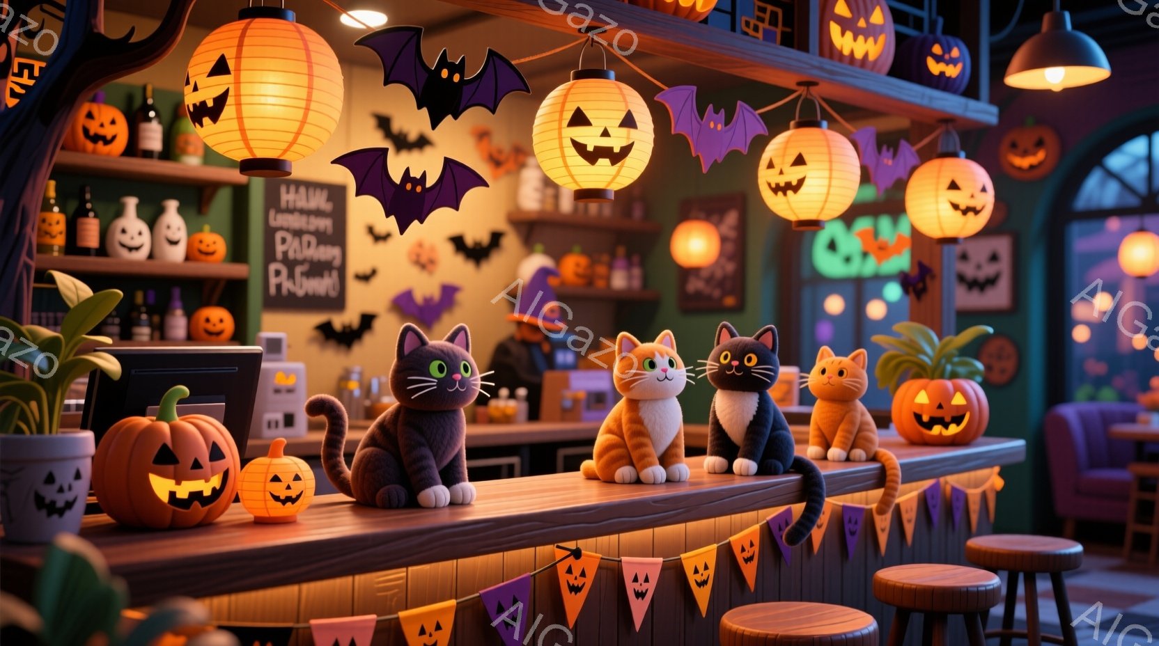 ハロウィーンをテーマにしたバーカウンターの様子が描かれています。カウンターの上には、様々な表情のジャック・オ・ランタンと、可愛らしい猫たちが整列しています。背景にはハロウィーンの飾り付けが施され、オレ - AI生成フリー素材