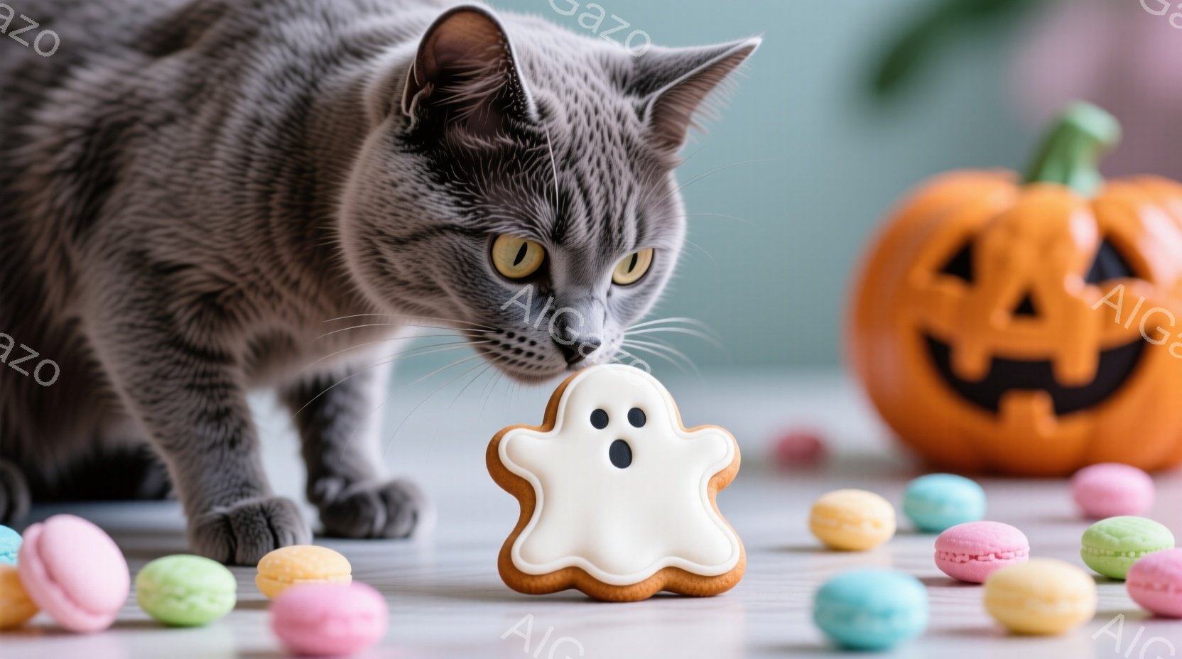 灰色の猫がハロウィーンをテーマにしたクッキーとマカロンの前に忍び寄っている様子が描かれています。背景にはジャック・オ・ランタンがあり、柔らかい光が当たって暖かく、遊び心のある雰囲気を醸し出しています。 - AI生成フリー素材