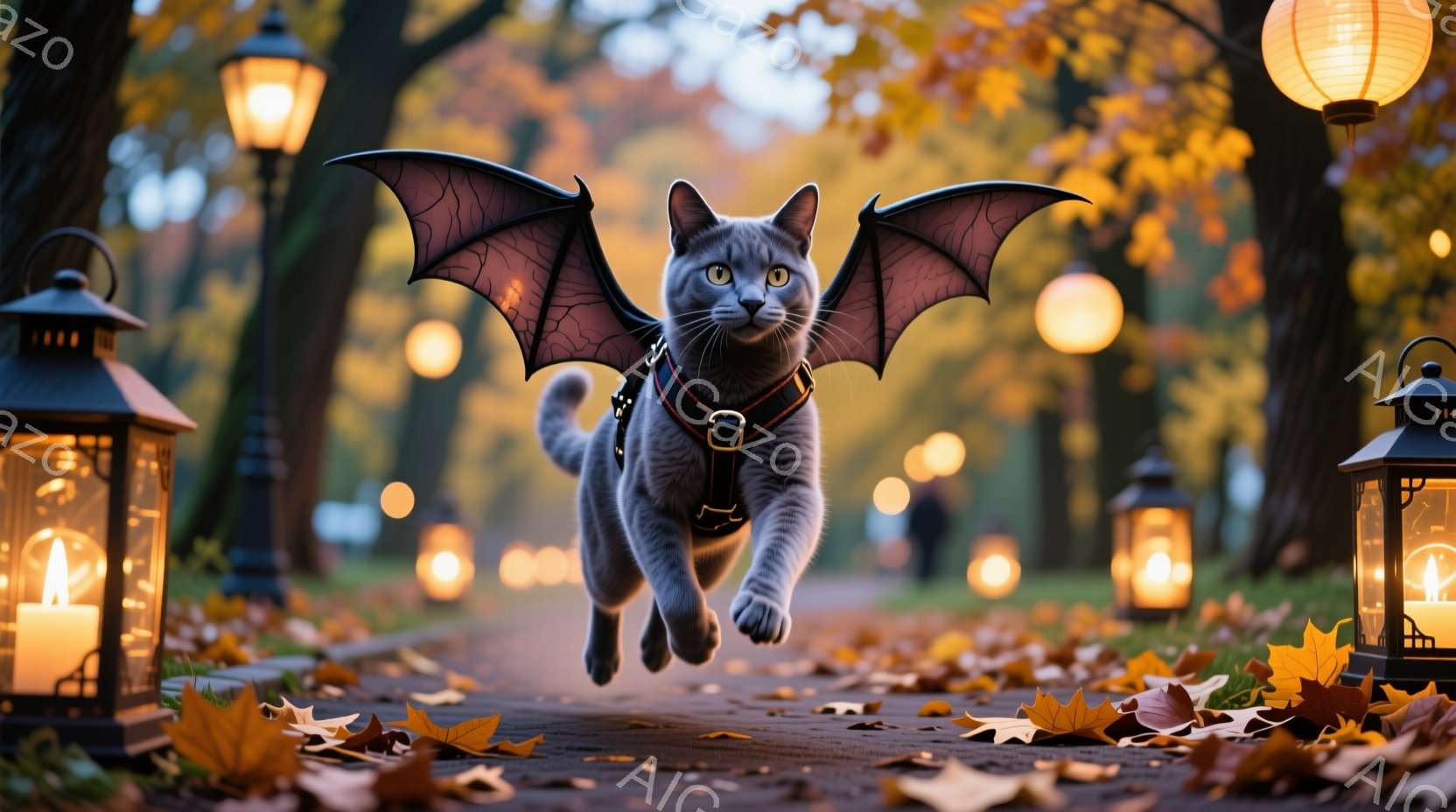 灰色の猫が翼を広げ、公園の遊歩道を飛び越えている。背景には秋の落ち葉が散りばめられ、暖かい光を放つランタンが並び、ハロウィーンのような雰囲気を醸し出している。猫はハーネスを装着しており、楽しそうに空を舞っている様子が伺える。