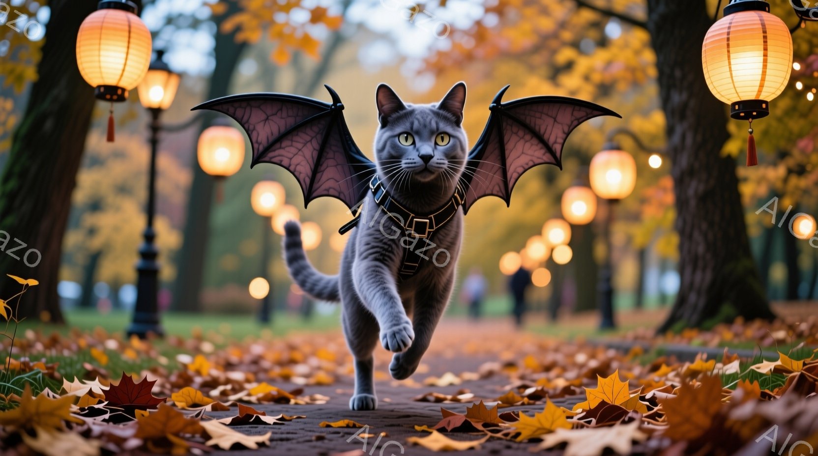灰色の猫が、まるで空を飛んでいるかのように、公園の遊歩道を走り去っています。黒いコウモリの翼を背中に付けており、少しユーモラスで可愛らしい印象を与えます。背景には、落ち葉で覆われた遊歩道、緑の芝生、そしてオレンジ色の光を放つ提灯が並び、秋の暖かい雰囲気を醸し出しています。