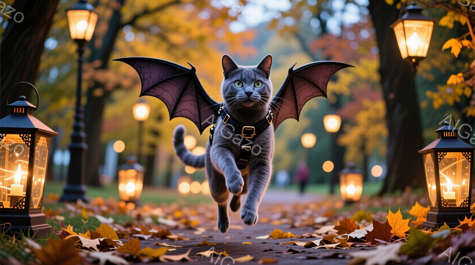 灰色の猫が、まるで空を飛んでいるかのように、公園の遊歩道を勢いよく駆け抜けている。猫は、黒い羽根のような装飾とハーネスを身につけており、表情は真剣で、どこか楽しげだ。背景には、オレンジ色の落ち葉が散りばめられた遊歩道と、灯りを灯したランタンが並び、秋の暖かい雰囲気と少し不思議な空気を醸し出している。