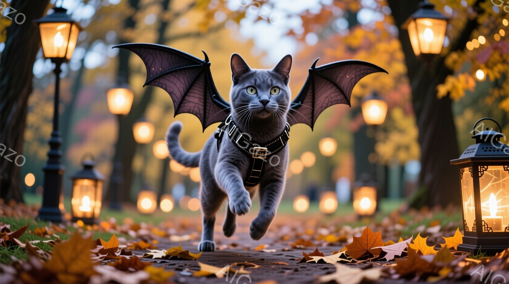 灰色の猫が、羽のようなものを背中に付けて、舗装された道の上を走っている。背景には、オレンジ色の葉が散りばめられ、ぼんやりと光る提灯が並び、秋の夜の幻想的な雰囲気を醸し出している。猫は少し驚いたような表情で、前方に集中して走っている様子が捉えられている。