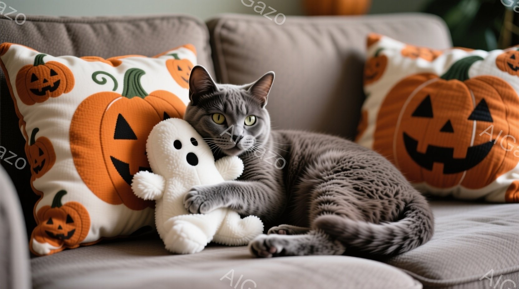 灰色の毛並みの猫が、ハロウィーン柄のクッションに囲まれたソファで横たわっています。猫は白いお化けのぬいぐるみを抱きしめ、リラックスした表情で、穏やかな雰囲気を醸し出しています。背景はぼやけていますが、 - AI生成フリー素材