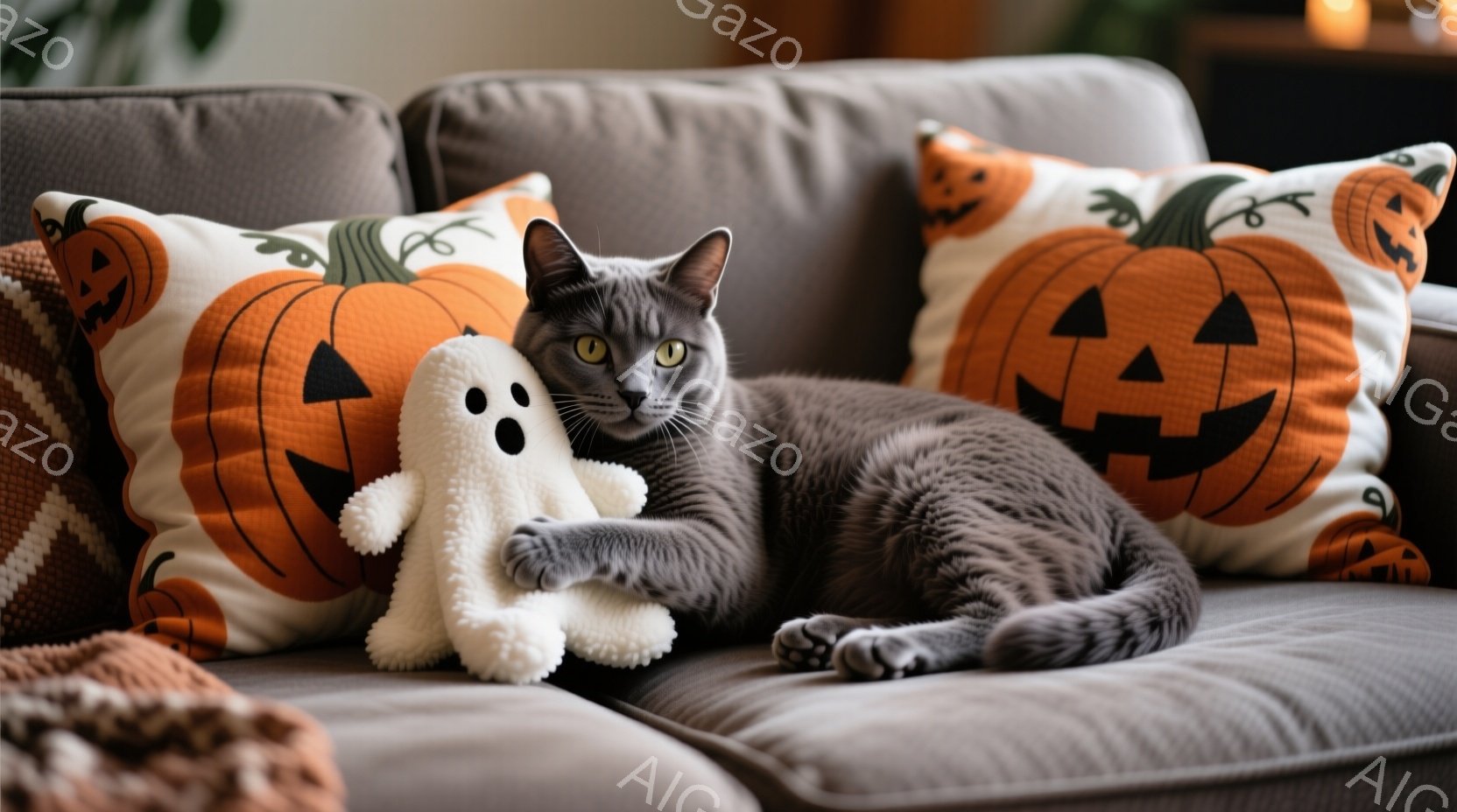 灰色の猫が、ハロウィーンをテーマにしたオレンジ色のカボチャ柄のクッションに囲まれた灰色のソファーに横たわっています。猫は白いお化けのぬいぐるみのおもちゃを前足で抱きしめ、リラックスした表情でカメラを見 - AI生成フリー素材