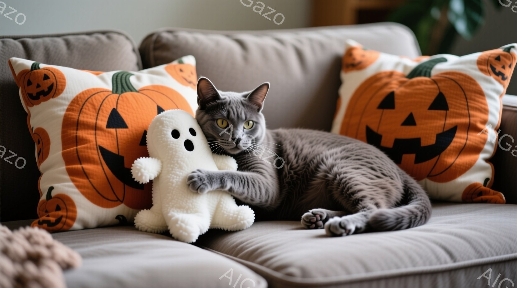 灰色の猫がソファーに横たわり、白い幽霊のぬいぐるみを抱えています。背景にはハロウィーンのジャック・オー・ランタン柄のクッションが並び、全体的に落ち着いた室内空間が広がっています。猫の表情はリラックスしており、穏やかな雰囲気が漂っています。