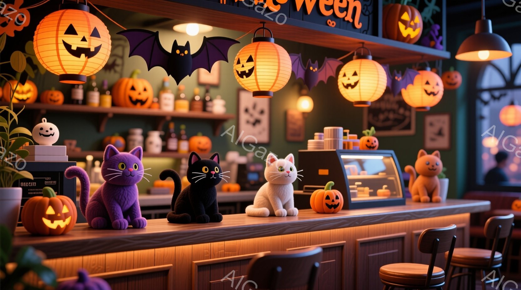 ハロウィーンをテーマにしたバーカウンターの様子が描かれています。カウンターの上には、かぼちゃのランタンや猫の置物が飾られ、背景には様々な種類のハロウィーンの装飾が並んでいます。暖色系の照明と、黒い猫や紫色の猫の愛らしい表情が、温かくお祝いのムードを醸し出しています。