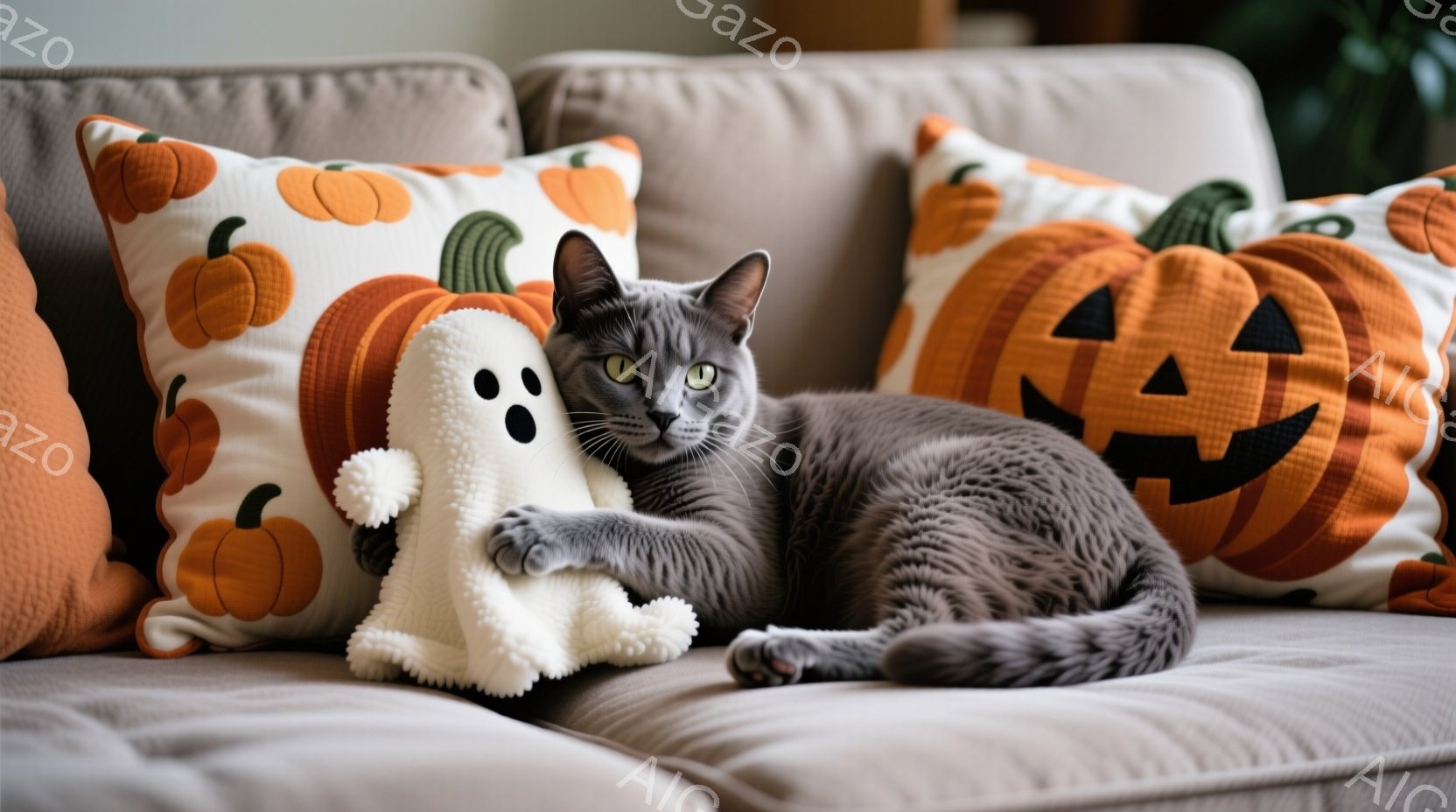 灰色の毛並みの猫が、ハロウィーン柄のクッションに囲まれたソファでリラックスしています。猫は白い幽霊のぬいぐるみを抱きしめ、穏やかで満足げな表情をしています。背景は暖色系のソファで、ハロウィーンの装飾が控えめに施され、心地よい雰囲気を作り出しています。