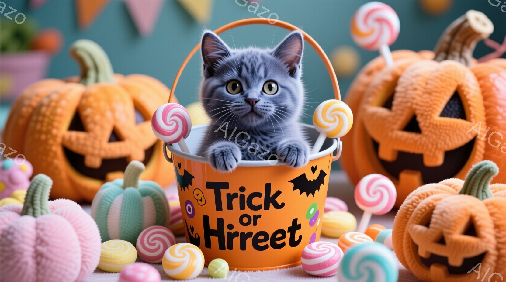 小さな灰色の猫がオレンジ色の「Trick or Treat」と書かれたバケツの中から顔を出しています。猫は好奇心旺盛な表情で、大きな青い目を見開いています。背景には、カラフルなキャンディや、さまざまな表情をしたハロウィーンのジャック・オー・ランタンが配置され、お祭り気分を盛り上げています。