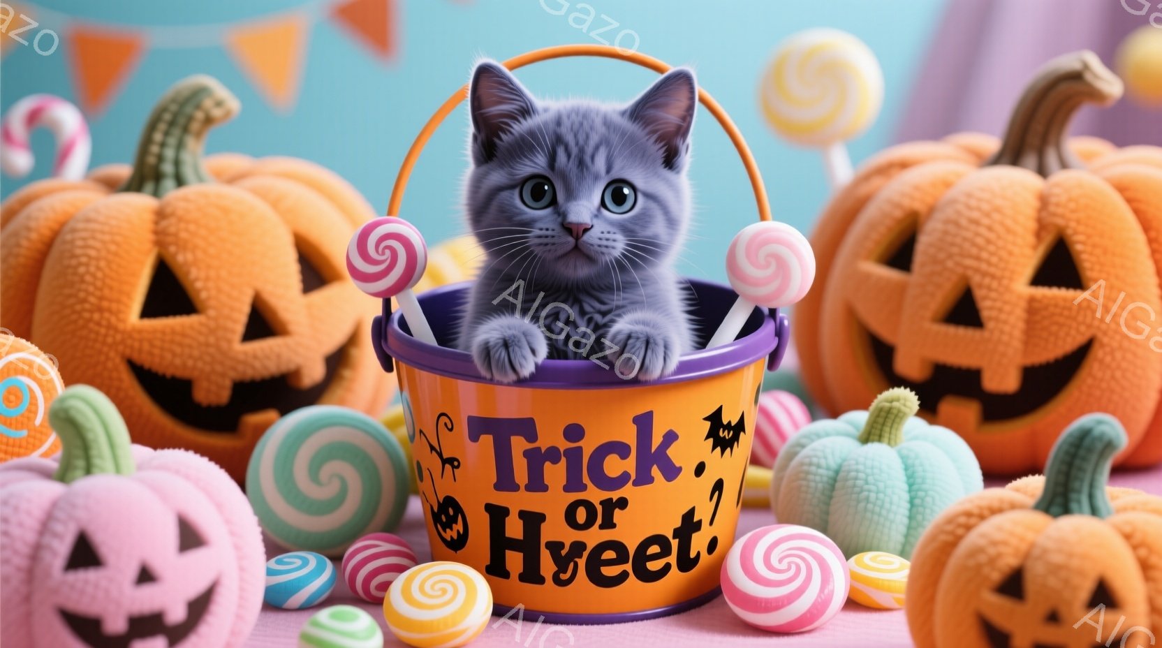 ハロウィーンをテーマにした写真で、オレンジ色のカボチャやキャンディに囲まれた小さな灰色の猫が、"Trick or Treat"と書かれたバケツの中に座っています。猫は丸い目でこちらを見ており、ハロウィ - AI生成フリー素材