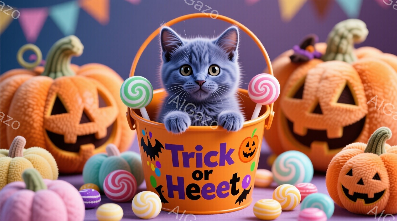 オレンジ色のカボチャのバケツの中に、灰色のキティが座っています。キティは大きな緑色の目をしており、少し好奇心と楽しそうな表情をしています。背景には、さまざまな形や色のカボチャとキャンディが散りばめられ - AI生成フリー素材