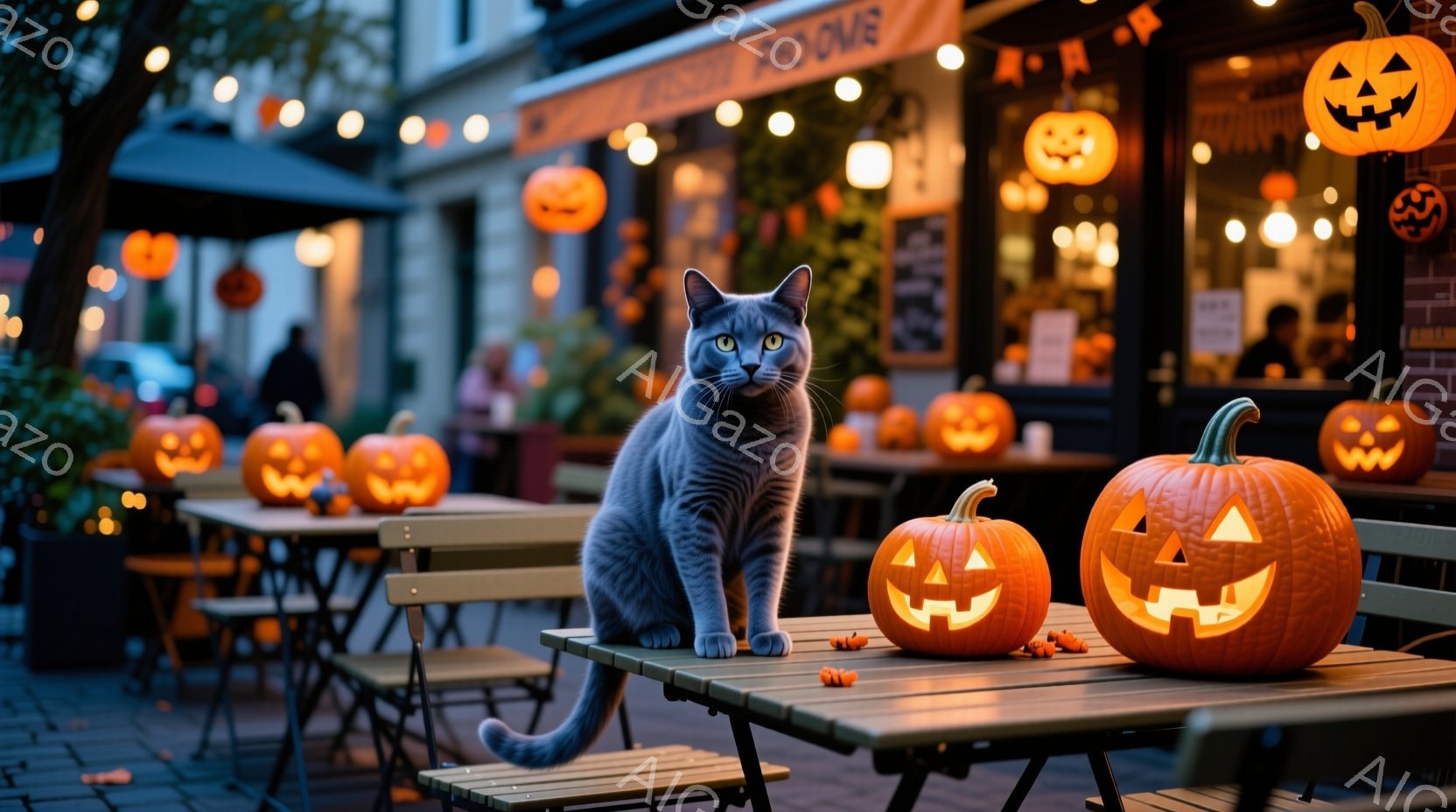 ハロウィンの飾り付けがされた屋外のカフェのテーブルに、灰色の猫が座っています。背景には、ジャック・オー・ランタンで飾られたカフェの建物と、ぼんやりとした街並みが広がっており、オレンジ色の光が温かい雰囲 - AI生成フリー素材