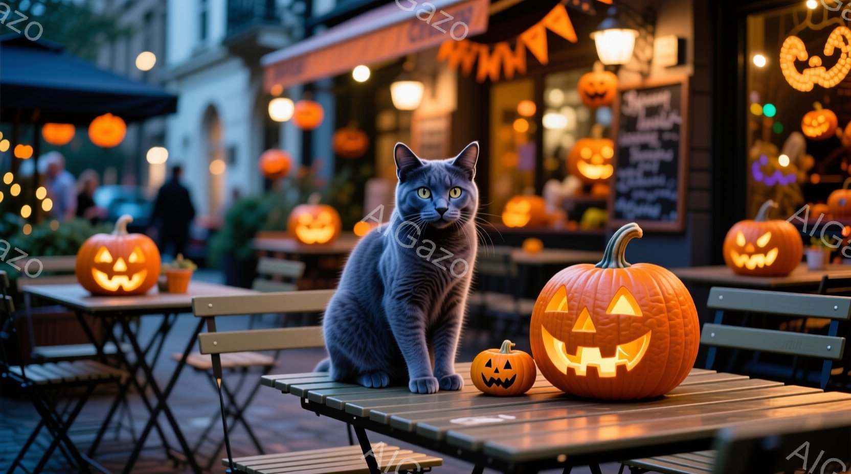 ハロウィーンの装飾が施されたカフェのテラス席に、灰色の猫が座っています。周囲には、さまざまな大きさのジャック・オ・ランタンが並べられ、暖かくオレンジ色の光を放っています。背景には、カフェの建物と、ぼん - AI生成フリー素材