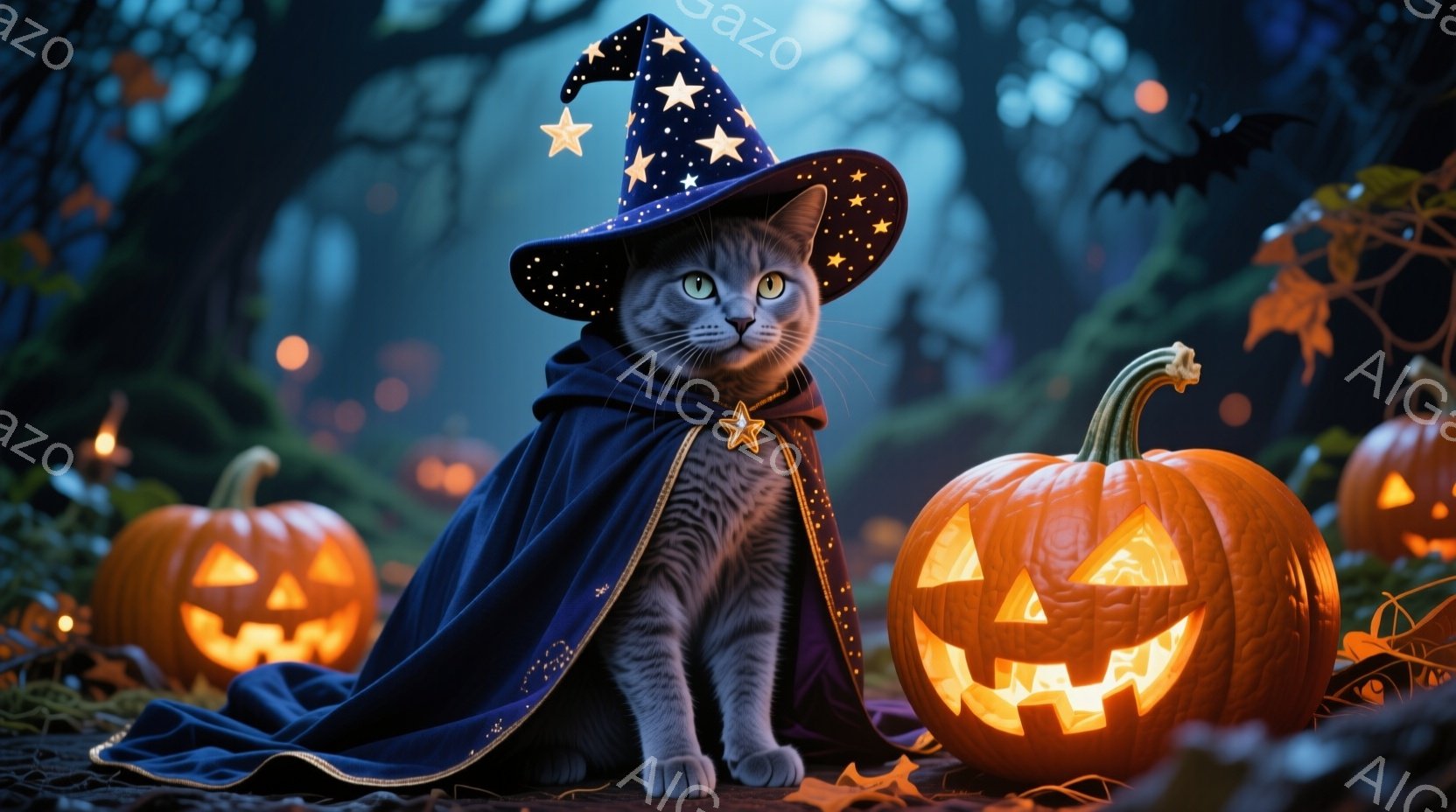 灰色の猫が魔法使いの帽子とマントを身につけ、堂々と座っています。周囲にはジャック・オー・ランタンが灯り、暗い森の中のハロウィーンの雰囲気を醸し出しています。背景にはぼんやりとした木々が見え、全体的に神 - AI生成フリー素材