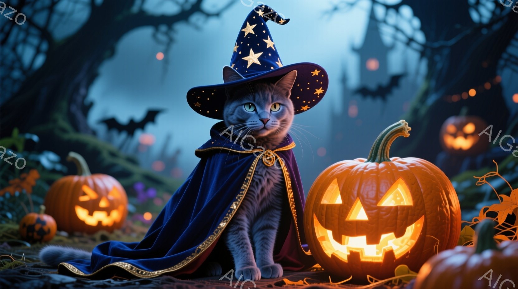 灰色の猫が、星柄の魔法使い帽子と、金色の縁取りのある濃い青色のマントを身につけて座っています。その表情は穏やかで、どこか神秘的な雰囲気を漂わせています。背景には、ハロウィーンの装飾であるジャック・オー - AI生成フリー素材