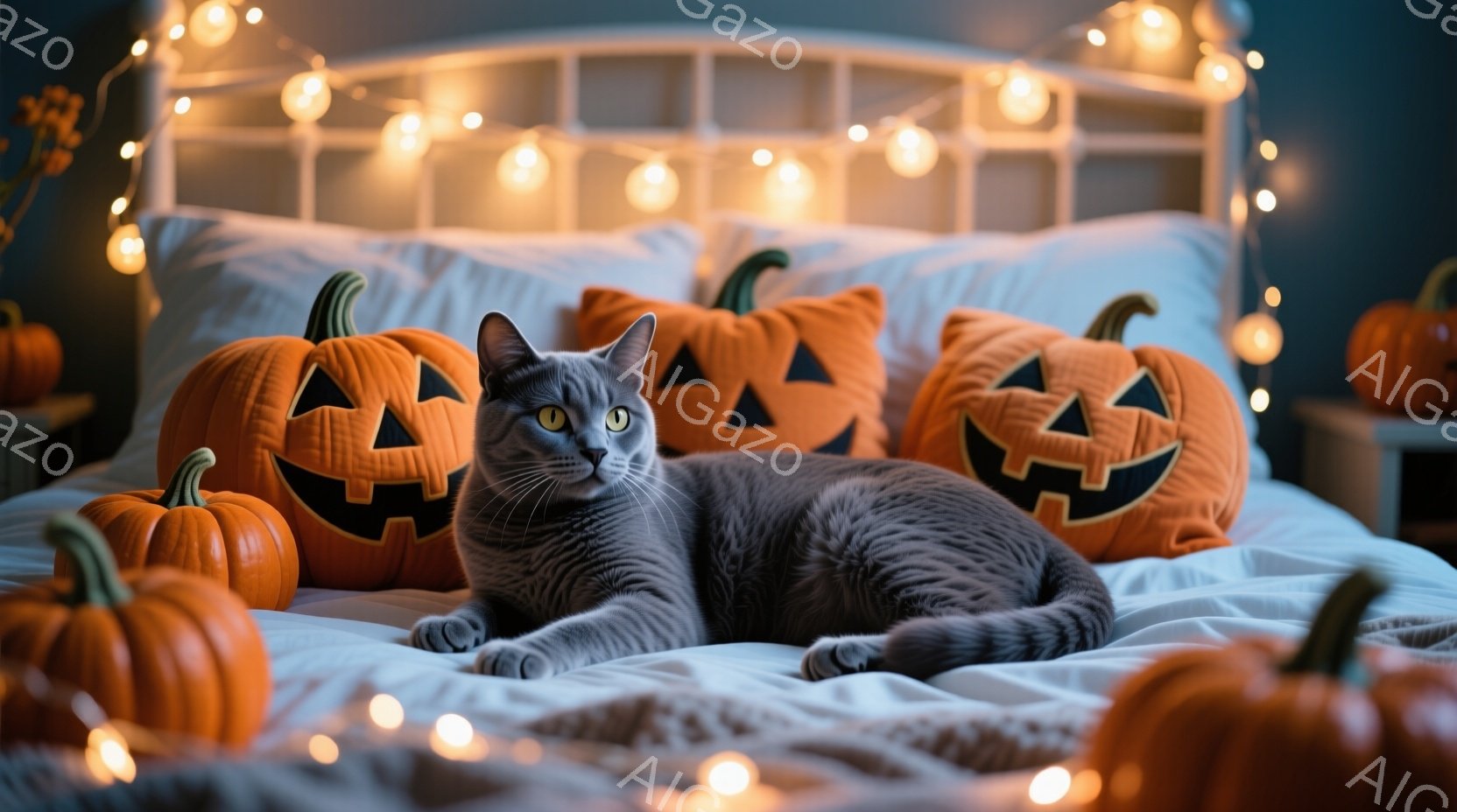 灰色の毛並みの猫が、ハロウィーンの飾りであるジャック・オ・ランタンに囲まれたベッドの上で横たわっています。猫はリラックスした様子で、穏やかな表情でカメラを見ています。背景には、ぼんやりと見えるナイトテ - AI生成フリー素材