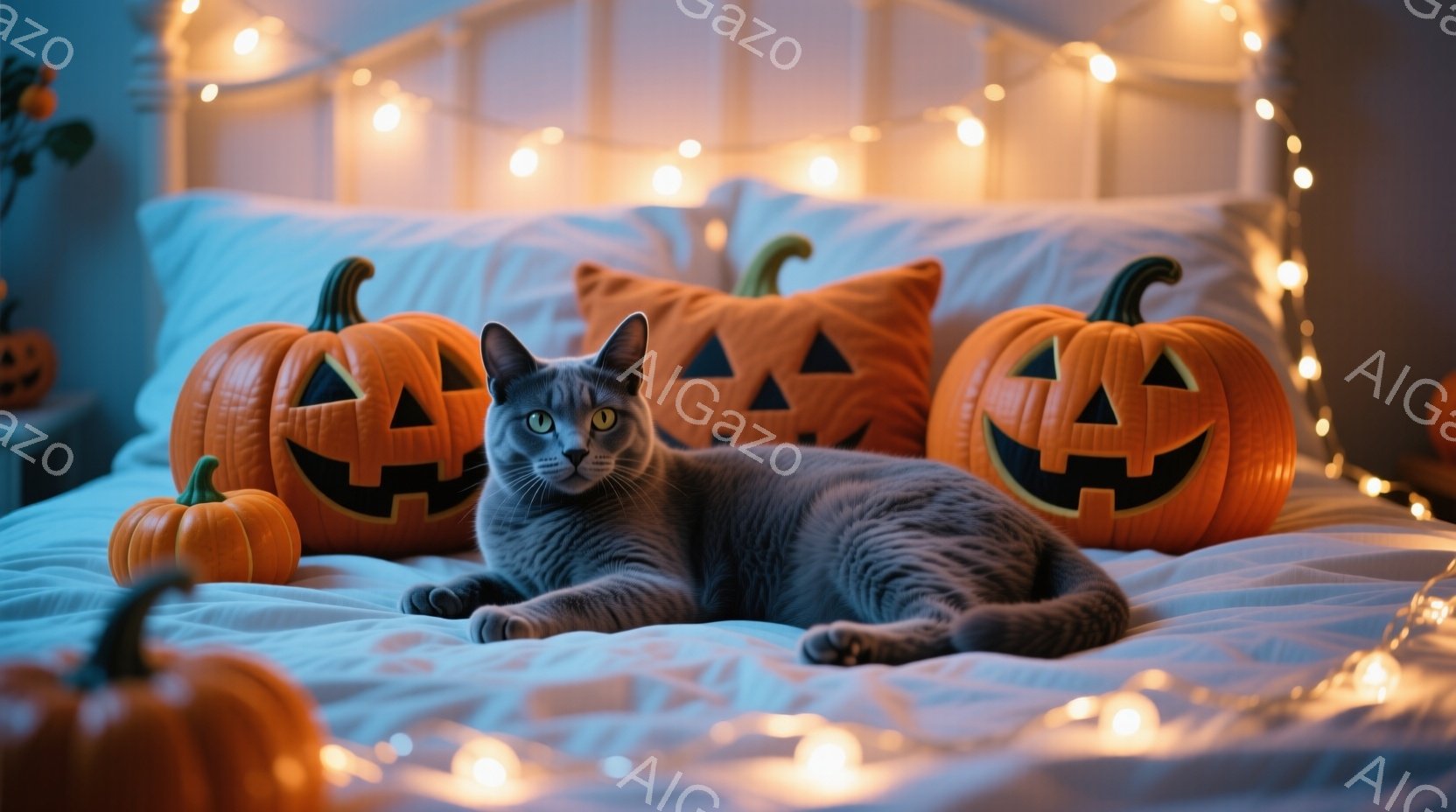 灰色の猫がベッドに横たわり、ハロウィーンの飾りであるジャック・オー・ランタンのクッションと小さなカボチャに囲まれています。ベッドの上には、暖かく優しい光を放つストリングライトが飾られ、部屋全体がハロウ - AI生成フリー素材