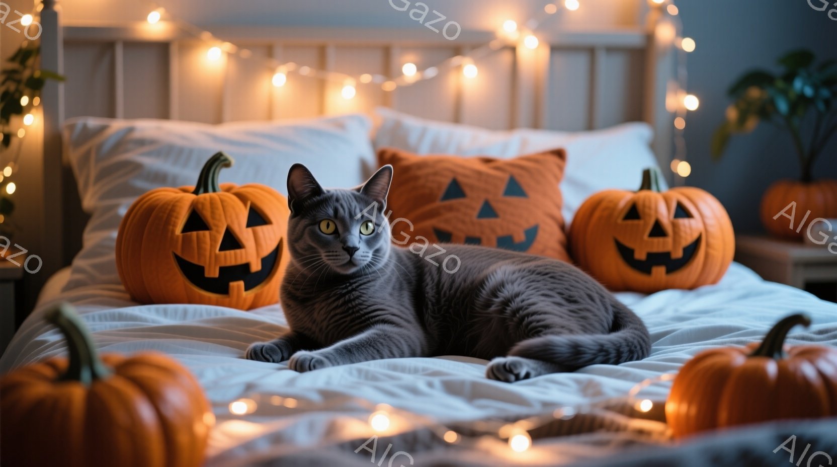 灰色の猫がベッドに横たわり、ハロウィーンの装飾であるジャック・オー・ランタンに囲まれています。猫はリラックスした表情でカメラを見つめており、背景にはぼんやりとベッドサイドテーブルと植物が見えます。全体 - AI生成フリー素材