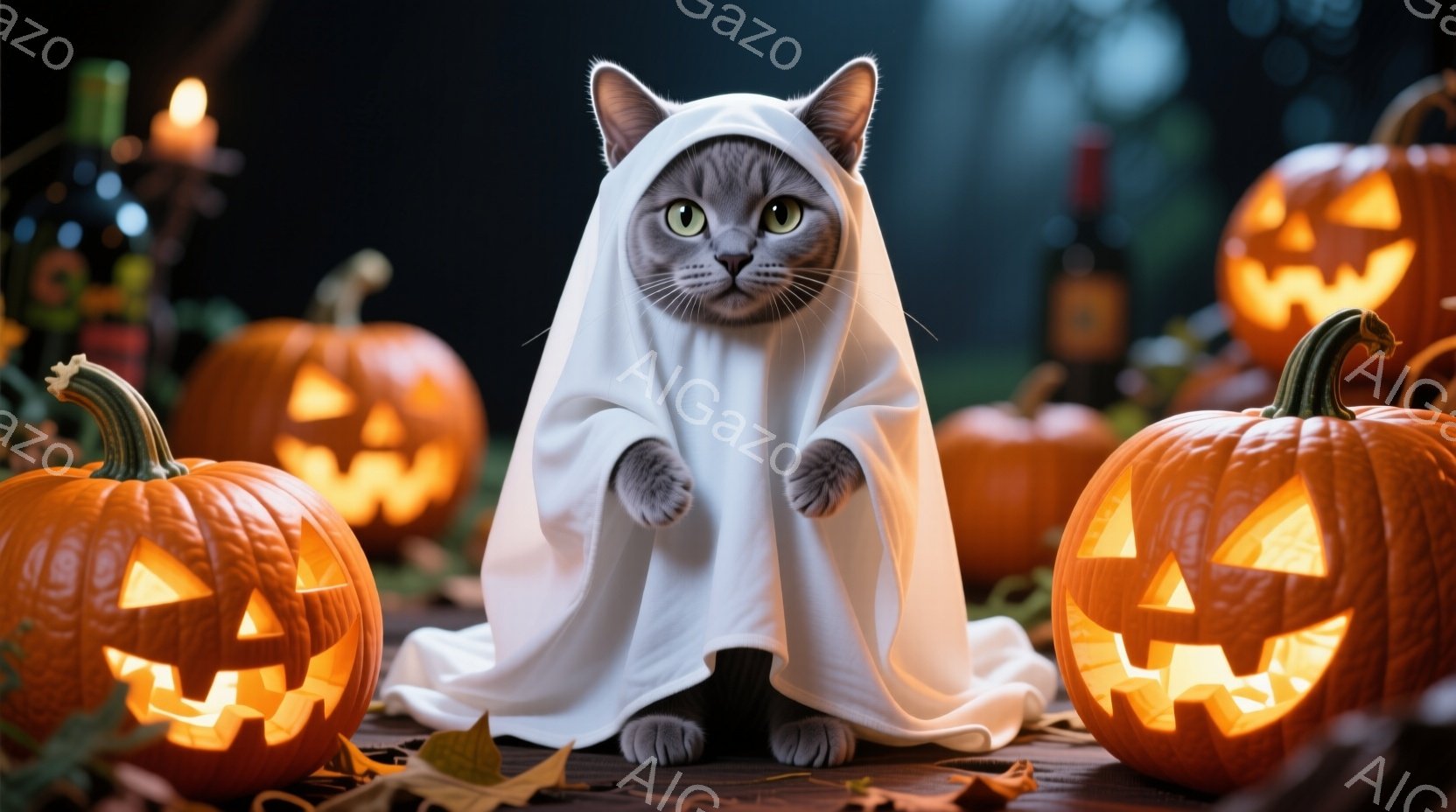 灰色の猫が白い布を羽織って座っており、ハロウィーンの仮装をしているように見える。周囲にはジャック・オ・ランタンが置かれ、オレンジ色の光が猫を照らしている。背景は暗く、落ち葉が散らばっており、ハロウィー - AI生成フリー素材