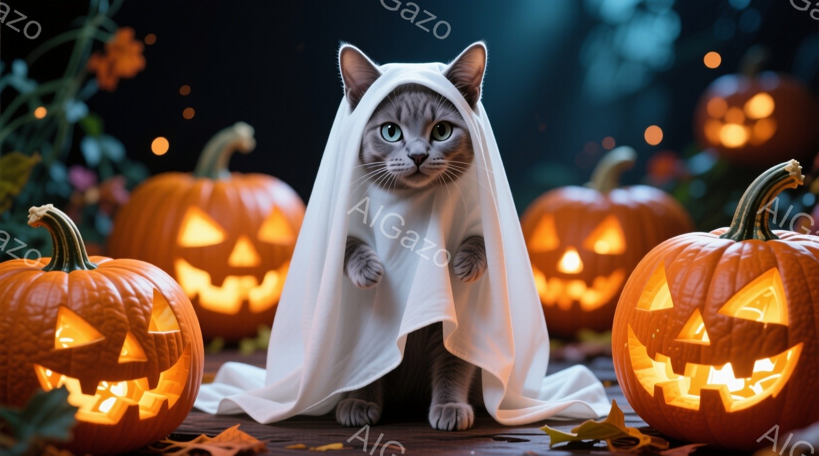 グレーの毛並みの猫が白い布を頭から羽織ってハロウィーンの仮装をしている。猫は正面を見据え、少し警戒したような、あるいは好奇心旺盛な表情をしている。背景には、ジャック・オー・ランタンが灯り、落ち葉が散ら - AI生成フリー素材