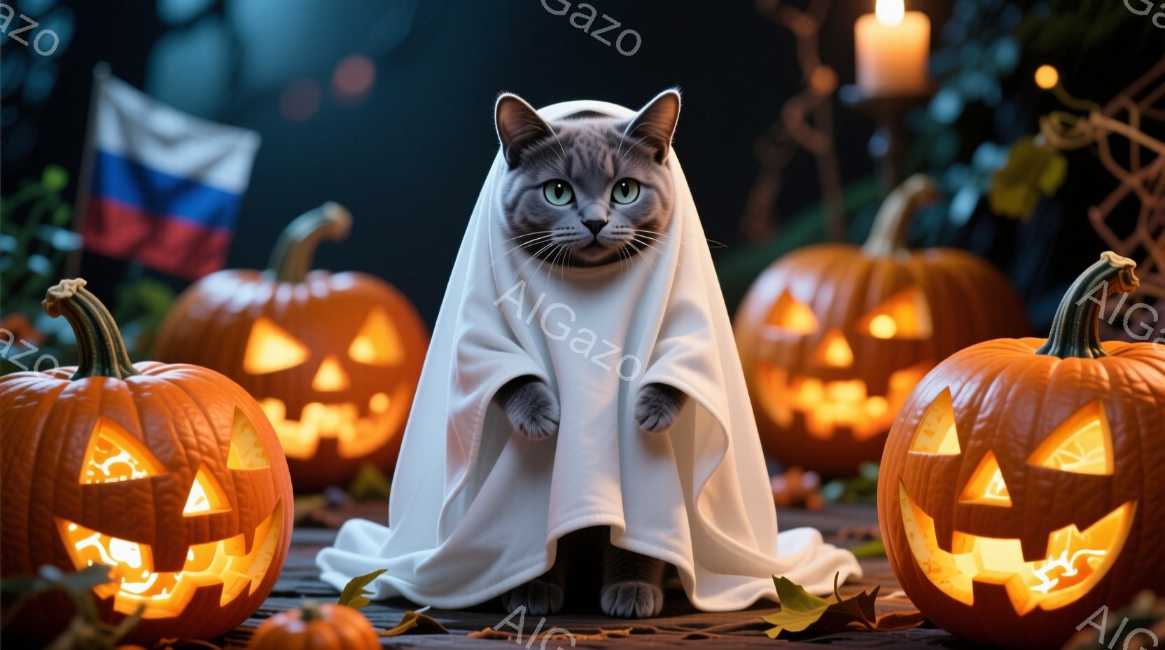 白い布を羽織った灰色の猫が、ハロウィーンの背景で中央に座っています。周囲には、点灯したジャック・オー・ランタンが並び、薄暗い中で温かく光っています。背景には、ぼやけた木々や、遠くに見えるロシアの国旗が見え、少し不気味でありながらも温かいハロウィーンの雰囲気を醸し出しています。