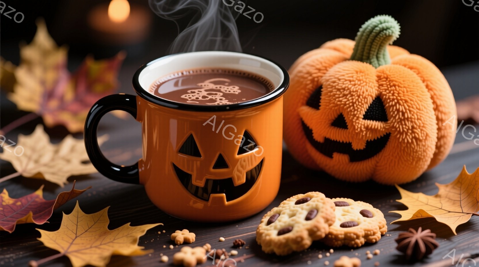 ハロウィーンをテーマにした静物画で、木製のテーブルの上に、カボチャの顔が刻まれたオレンジ色のマグカップから湯気が立ち上っている。カップの周りには、紅葉した葉や、チョコレートチップ入りのクッキー、小さな - AI生成フリー素材