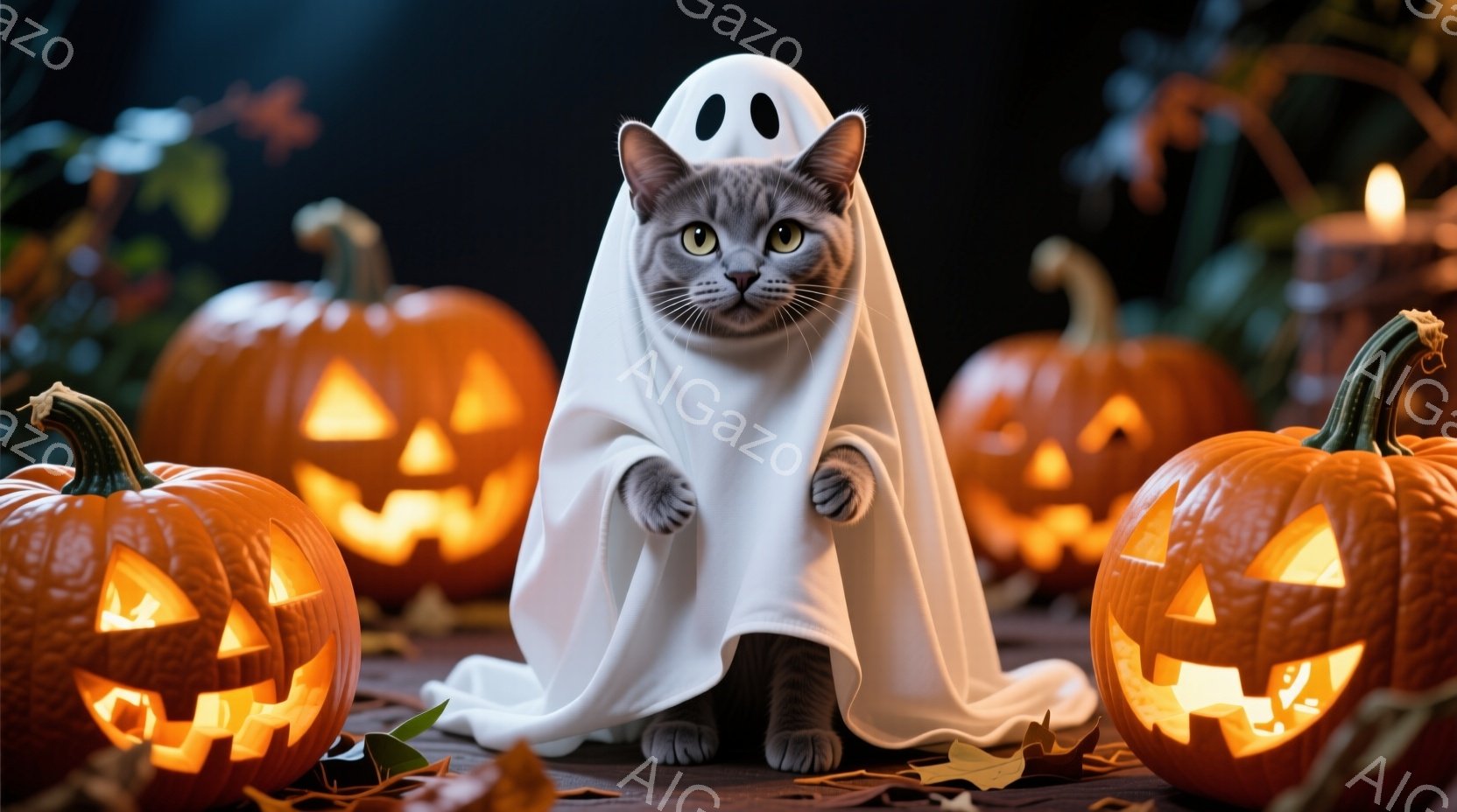 灰色の縞模様の猫がハロウィーンの仮装で白い幽霊の衣装を着ています。猫は正面をまっすぐ見つめ、少し緊張した表情をしています。背景には、彫刻が施されたジャック・オ・ランタンがいくつか並び、落ち葉が散らばっています。
