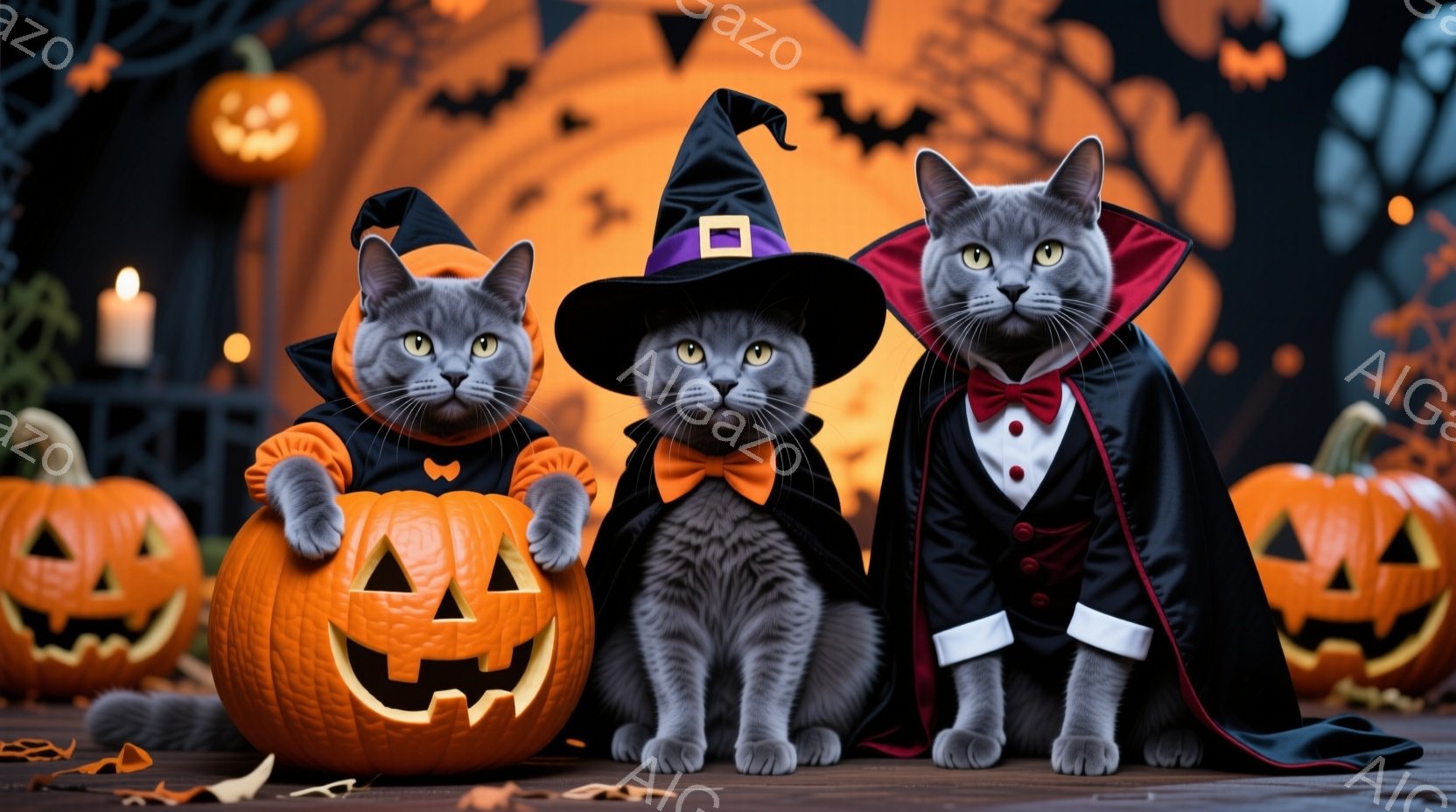 ハロウィーンの背景に、３匹の灰色の猫がそれぞれ異なる衣装を着ています。左の猫はカボチャの中に座り、魔女の帽子をかぶっています。中央の猫はオレンジ色の蝶ネクタイをつけ、右の猫は吸血鬼の衣装を着て、少しおどけた表情をしています。