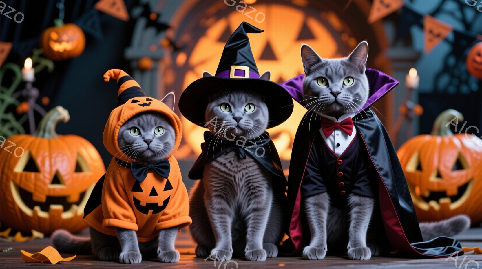 灰色の猫が三匹、ハロウィーンの衣装を着て並んで座っています。左の猫はカボチャの着ぐるみ、真ん中の猫は魔女の帽子、そして右の猫はドラキュラの衣装を着ており、それぞれ少し驚いたような表情をしています。背景には、明るく光るハロウィーンの装飾、カボチャのランタン、そして暗い壁があり、全体的に楽しげで少し不気味な雰囲気が漂っています。