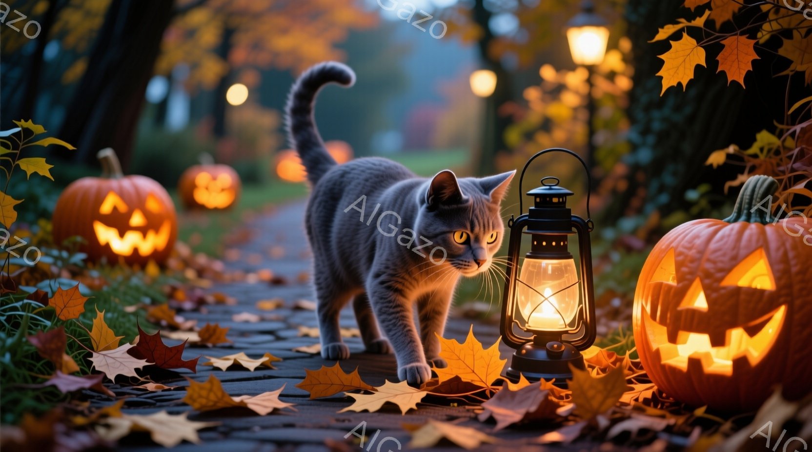 煉瓦造りの小道に、切り株で作られたジャック・オ・ランタンが並び、その間を灰色の猫が慎重に進んでいます。猫は丸みを帯びた耳と大きな目を持ち、どこかを見つめるような表情をしています。背景にはぼやけた木々と - AI生成フリー素材