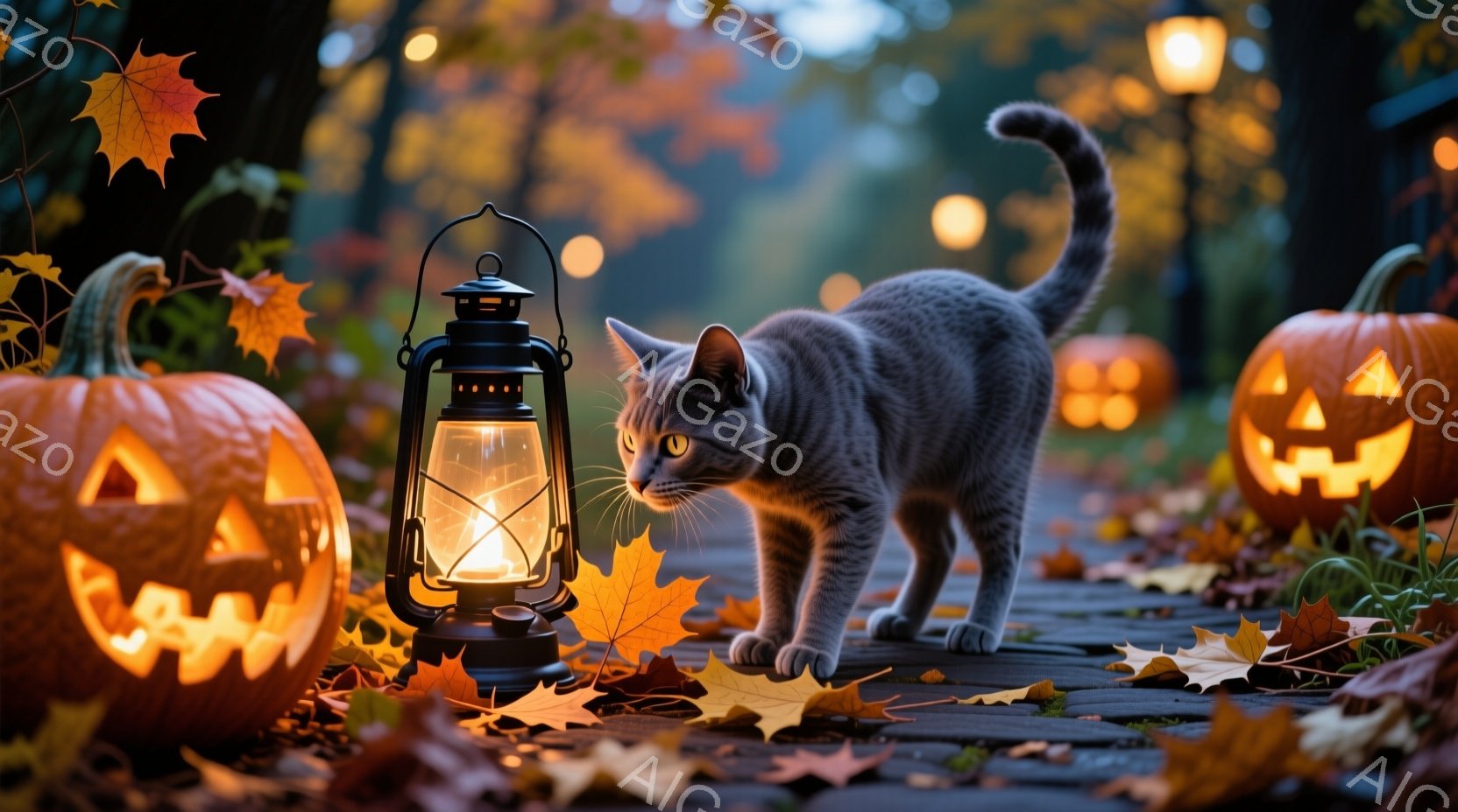 舗装された道に、彫刻が施されたハロウィーンのジャック・オー・ランタンと灯りが灯ったランタンが並び、灰色の縞模様の猫が前進している。背景にはぼやけた木々と街灯がみえ、落ち葉が地面を覆っている。 全体的に、温かく幻想的な秋の夜の雰囲気である。
