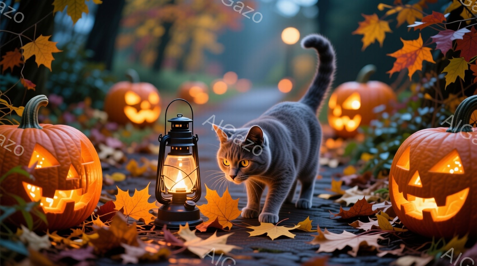 石畳の道に、ハロウィーンのくり抜かれたカボチャが並び、その間を灰色の猫が歩いている。背景にはぼやけたカボチャが並び、落ち葉が散りばめられており、アンティーク調のランタンが猫の近くに置かれている。 全体 - AI生成フリー素材
