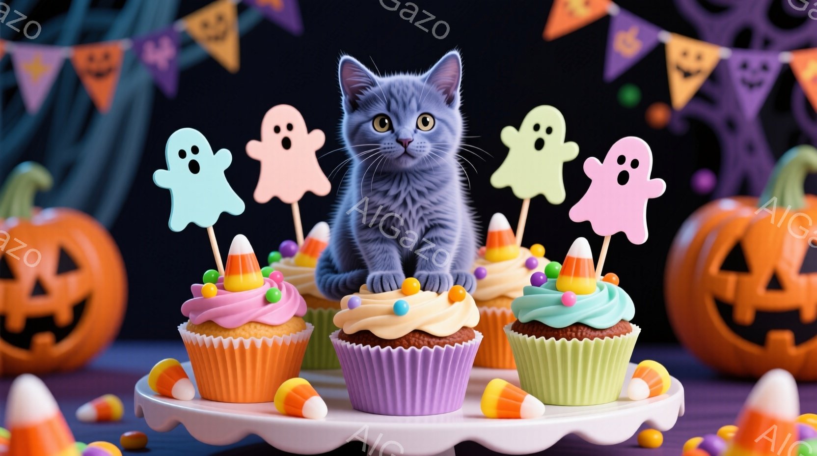 灰色の猫が、ハロウィーンをテーマにしたカップケーキの盛り合わせの前に座っています。ピンク、オレンジ、紫色のアイシングがかかったカップケーキには、カラフルなスプリンクルとキャンディコーンが飾られ、各カッ - AI生成フリー素材