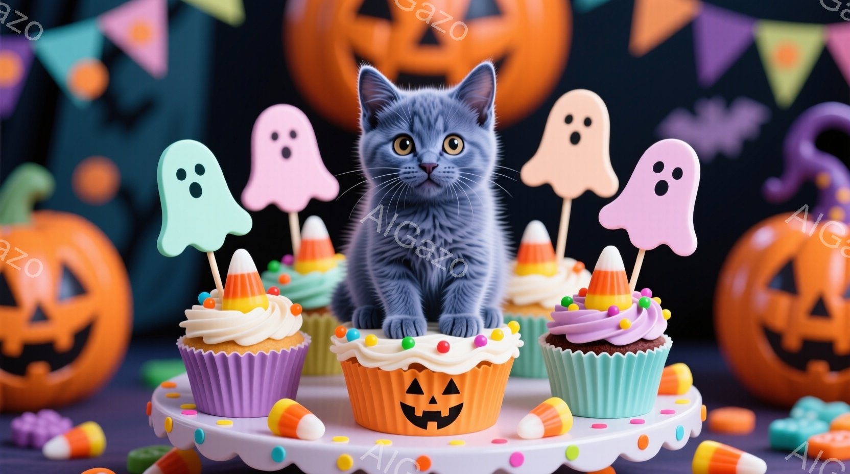 小さな灰色の猫が、ハロウィーンのカップケーキとキャンディーの周りに座っています。カップケーキは紫、水色、オレンジ色で、それぞれにカボチャやお化けのデコレーションが施されています。背景には、大きなジャッ - AI生成フリー素材