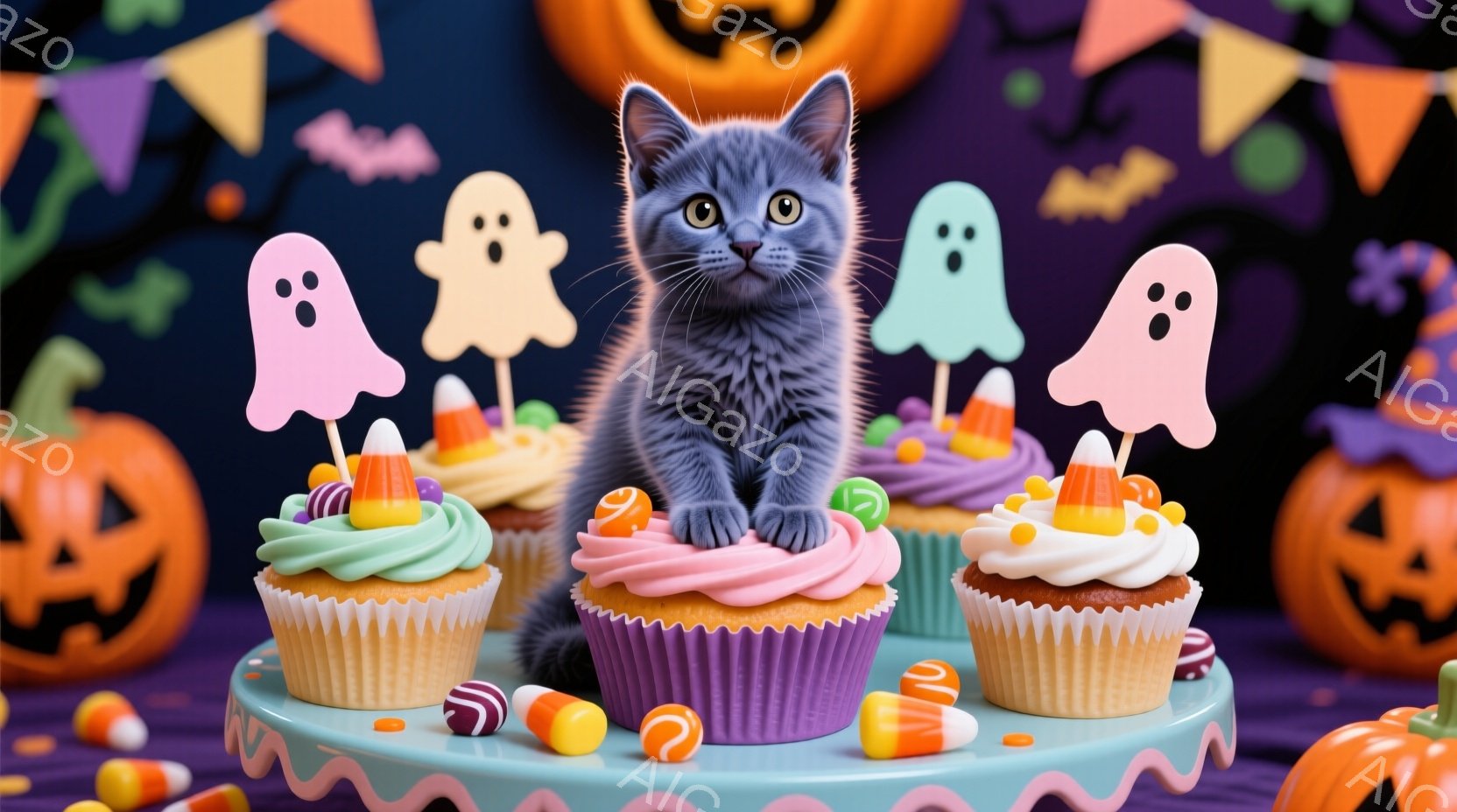 小さな灰色の猫が、ハロウィーンのカップケーキが並んだケーキスタンドの上に座っています。カップケーキにはカラフルなフロスティングとキャンディコーンが飾られており、背景にはジャック・オー・ランタンと幽霊の飾りがあります。全体的に、甘くて楽しいハロウィーンの雰囲気です。