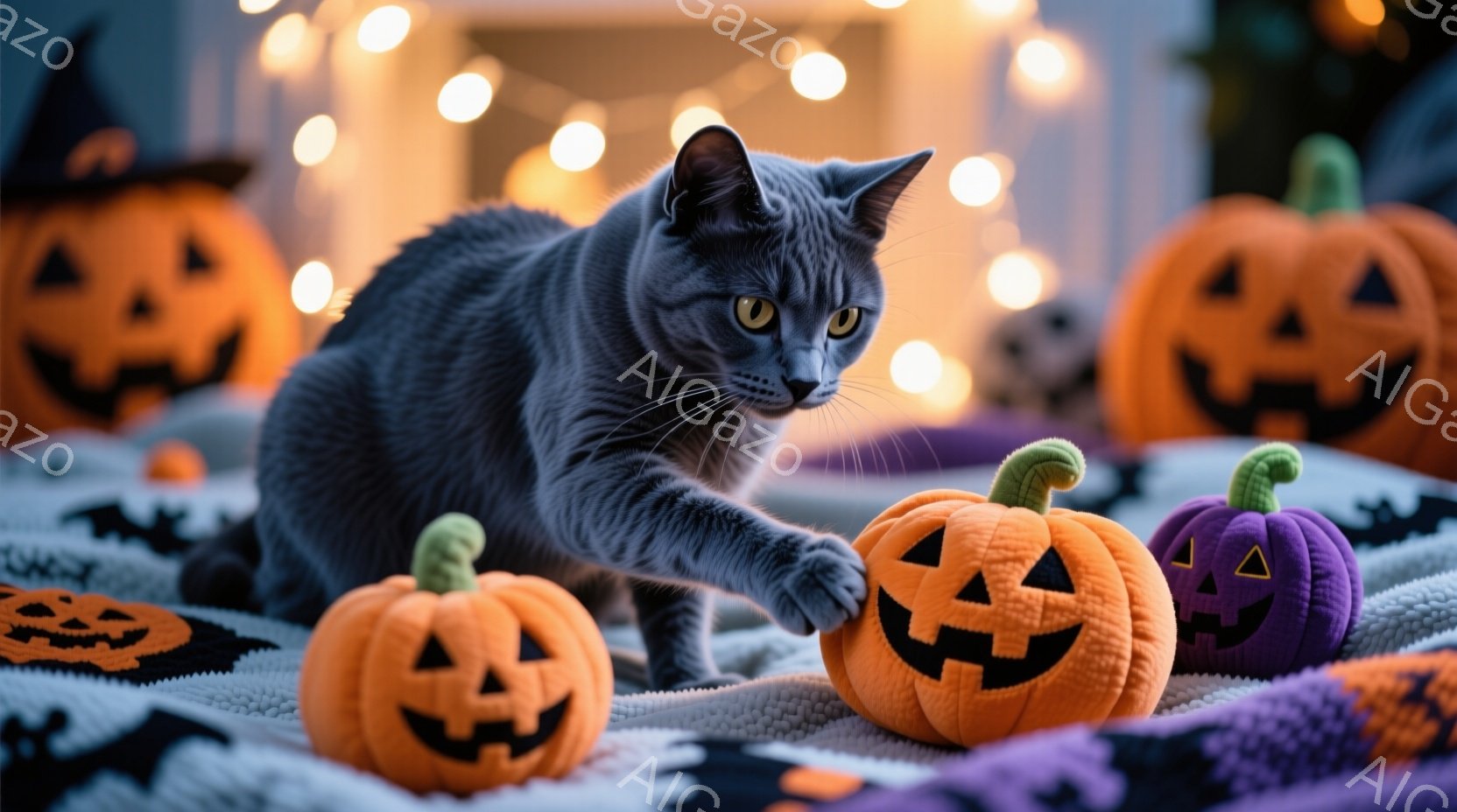 灰色の猫が、オレンジと紫色のハロウィーンのジャック・オー・ランタンに囲まれた毛布の上に前足を伸ばしています。背景にはぼんやりとハロウィーンの装飾が光り、猫は少し警戒したような、集中した表情をしています。全体的に、暖かく、お祝いのハロウィーンの雰囲気を醸し出しています。