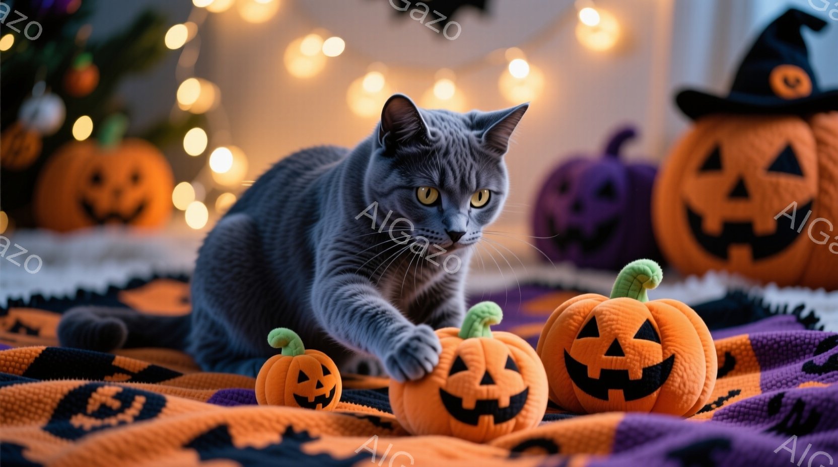 灰色の猫がオレンジ色のハロウィーンの装飾された毛布の上に座り、前足で小さなカボチャのおもちゃを軽く叩いています。背景には、さまざまな大きさのハロウィーンのカボチャのおもちゃと、ぼやけた暖かい色のライトが点在しており、季節感のある雰囲気を醸し出しています。 全体的に、猫はリラックスした様子で、遊び心のあるハロウィーンの雰囲気を楽しんでいるように見えます。