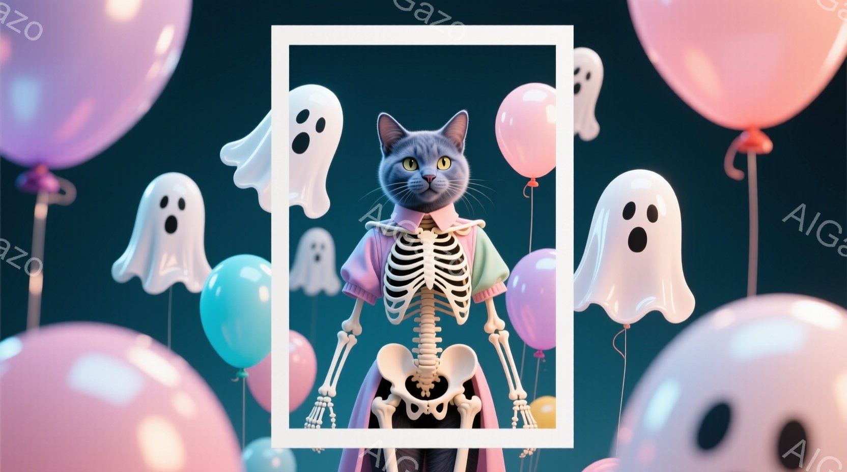 白とグレーの毛並みを持つ猫が、ハロウィーンの衣装を着ています。骨格を模したトップスに紫色のマントを羽織り、少し不機嫌そうな表情で正面を見つめています。背景には、水色、ピンク、白の風船と、可愛らしいお化けが浮かび、お祭り気分を盛り上げています。