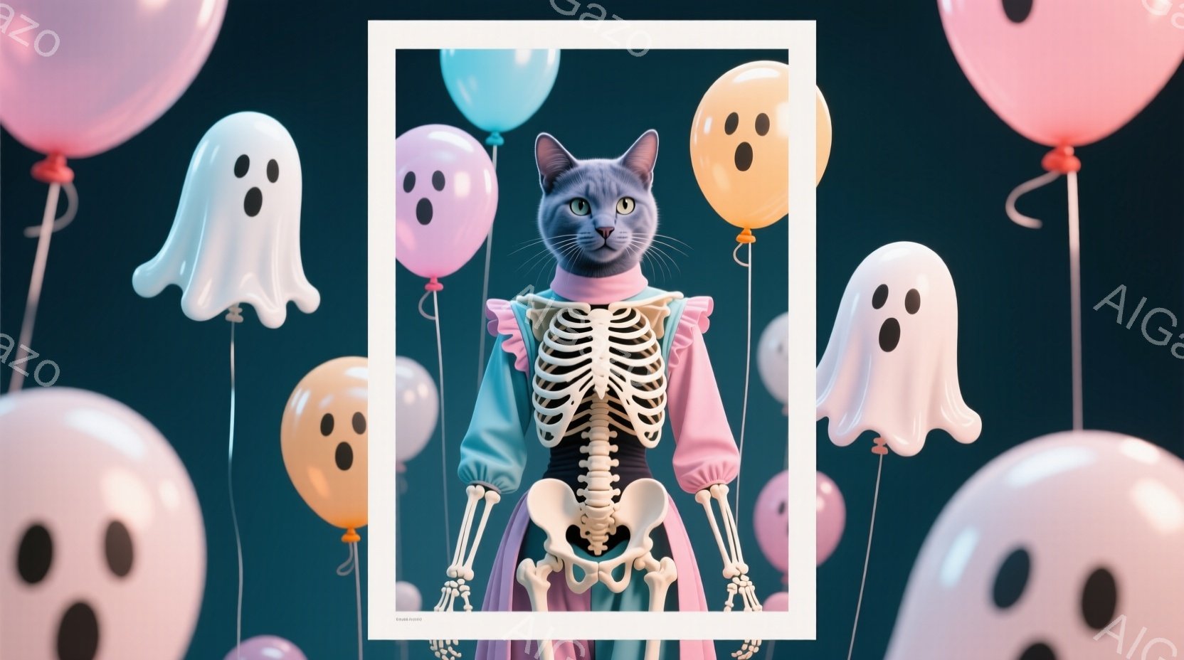 グレーの猫がハロウィーンの仮装をしており、骸骨柄のボディスーツと明るい紫色のドレスを着ています。猫は正面を向いており、少し退屈そうな表情をしています。背景には、さまざまな色の幽霊の形をした風船が浮かび - AI生成フリー素材