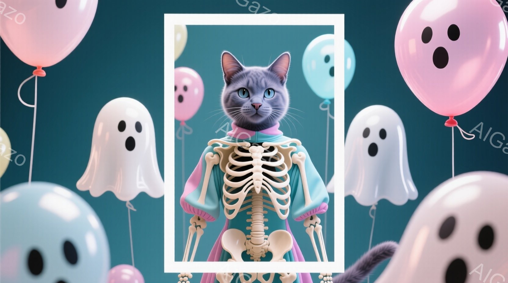 白い枠の中に、ハロウィーンの仮装をした灰色の猫が立っています。猫はターコイズブルーの服の上に白い骸骨のコスチュームを着用し、少し上目遣いな表情で、ピンクと水色の幽霊の風船に囲まれています。全体的に、お - AI生成フリー素材