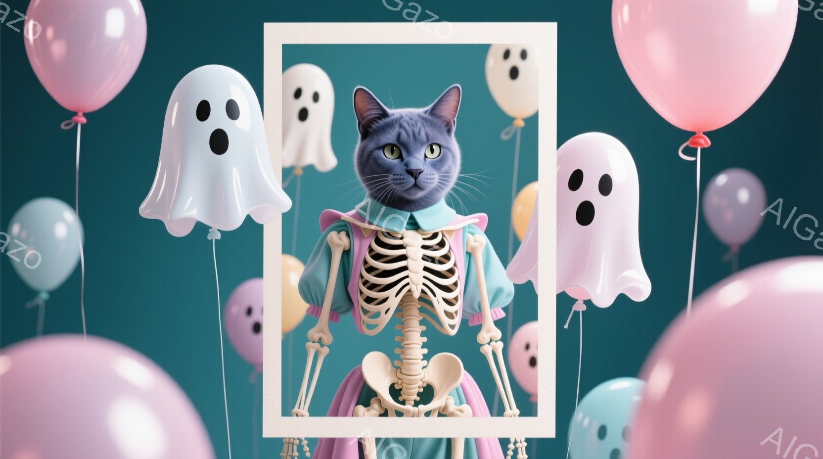 白い縁取りの四角の中に、ハロウィーン風の衣装を着た灰色の猫が立っています。猫はターコイズブルーのドレスと骨格のボディスーツを身に着け、少し驚いたような表情をしています。背景には、ピンクと水色の風船と幽 - AI生成フリー素材