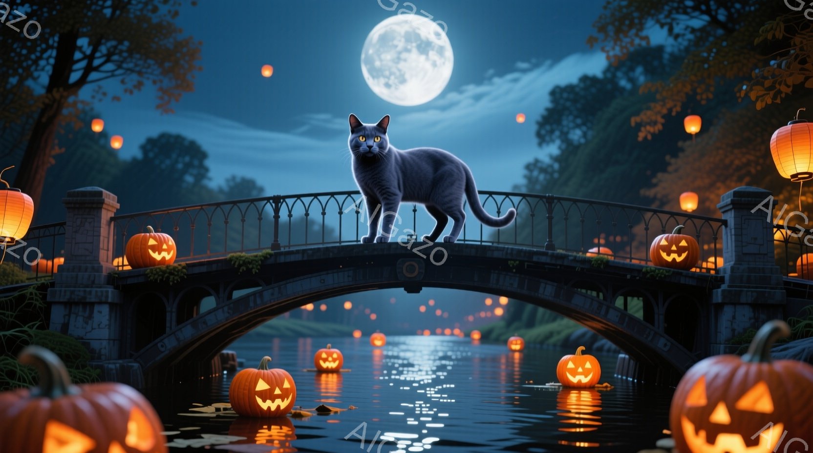 漆黒の橋の上には、グレーの猫が堂々と立っている。周囲の水面にはジャック・オー・ランタンが浮かび、遠くの木々の間から満月が明るく照らし出している。全体的にハロウィーンの夜の神秘的で幻想的な雰囲気が漂って - AI生成フリー素材