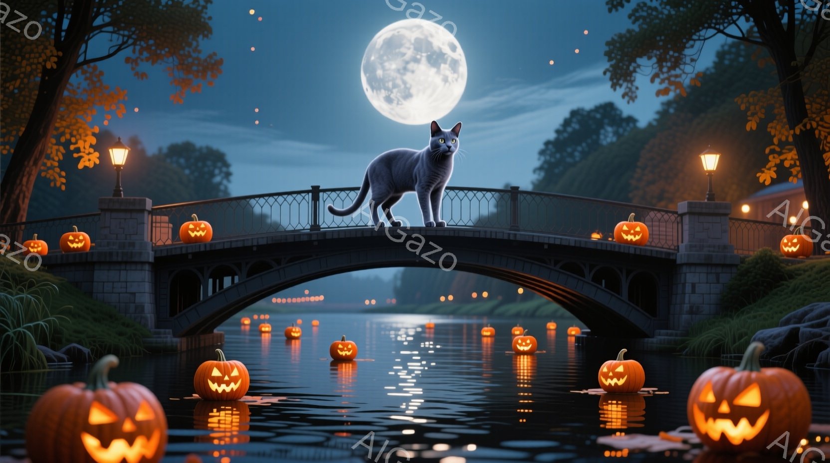 古い石橋の上には、灰色がかった毛並みの猫が堂々と立っている。橋の下の川面には、ジャック・オー・ランタンが浮かび、不気味でありながら幻想的な雰囲気を醸し出している。満月が夜空に輝き、木々の間からぼんやり - AI生成フリー素材