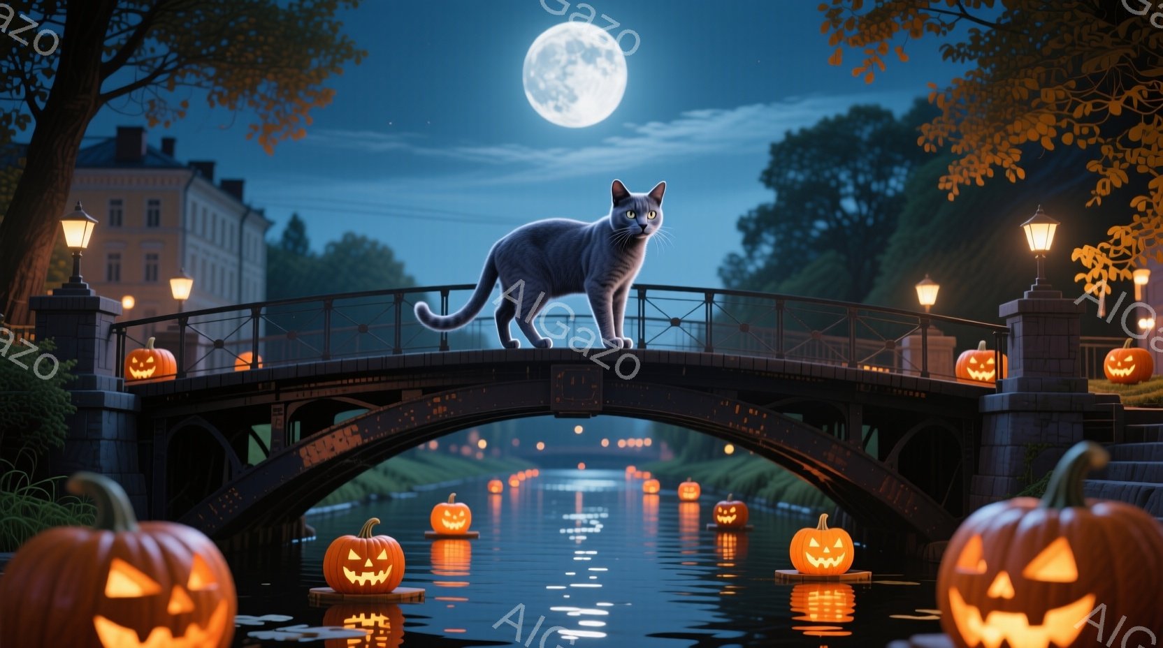 灰色の猫がアーチ型の橋の上で誇らしげに立っており、夜空には満月が輝いています。橋の下の運河には、不気味な光を放つたくさんのジャック・オ・ランタンが浮かんでおり、暗い水面に反射しています。背景にはシルエットで描かれた建物と木々が広がり、ハロウィーンらしい幻想的で少し不気味な雰囲気が漂っています。