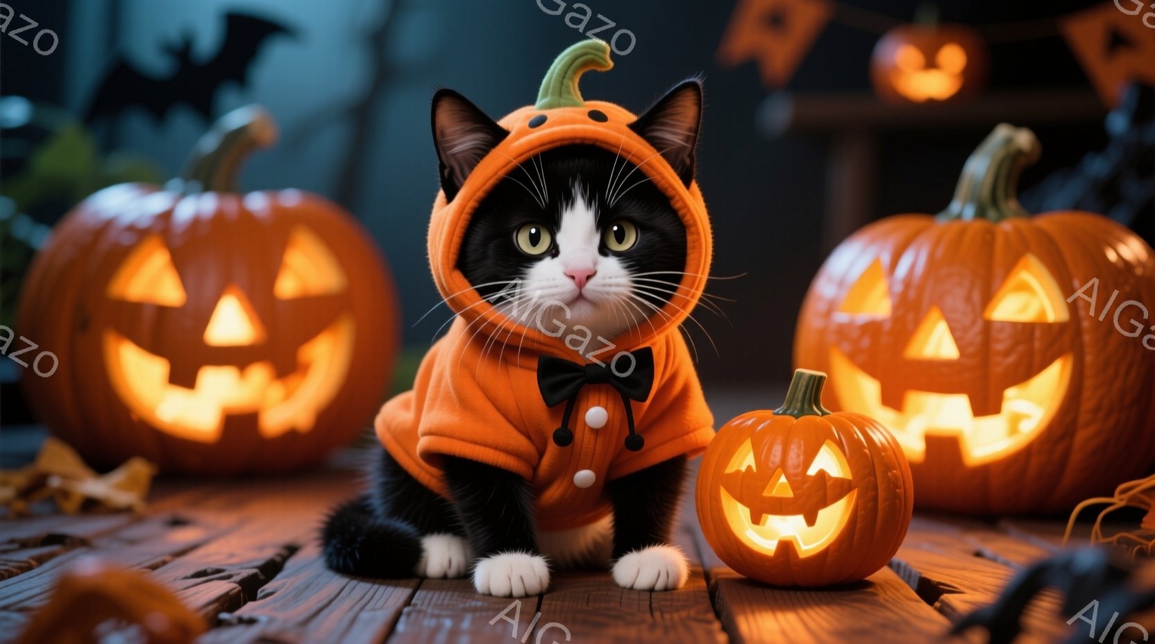 黒と白の猫が、ハロウィーンの衣装であるオレンジ色のカボチャの服を着て、カメラの方を見ています。その猫は、小さな黒い蝶ネクタイをつけ、可愛らしい表情をしています。背景には、ジャック・オー・ランタンがいくつか並び、ハロウィーンらしい雰囲気を作り出しています。