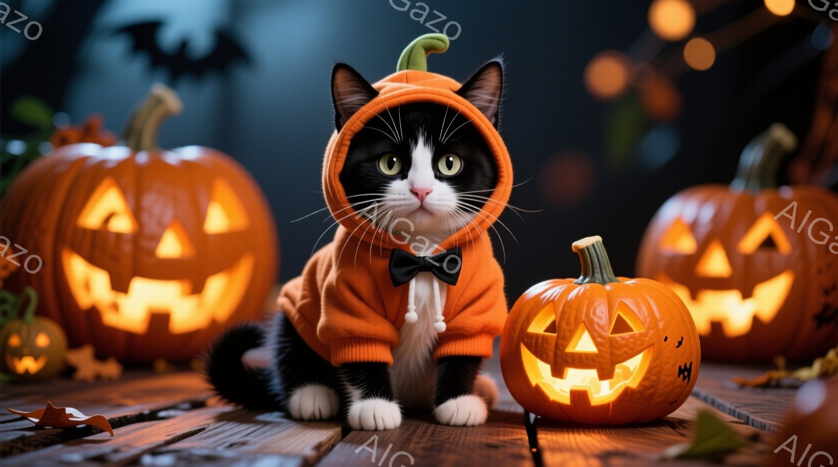 白と黒の猫が、ハロウィーンのオレンジ色のカボチャの衣装を着て、黒い蝶ネクタイをつけて座っています。周りには、様々な大きさのジャック・オー・ランタンが置かれ、木製のテーブルの上に落ち葉が散らばっています。背景は暗く、ぼんやりとしたシルエットの建物と、ぼんやりと光る光で、お祝いのハロウィーンの雰囲気を作り出しています。