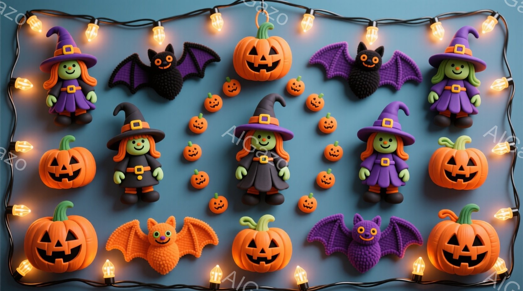 ハロウィーンの装飾が並んだ様子を描いています。紫色の背景に、カボチャのランタン、黒いコウモリ、緑色の帽子をかぶった笑顔の女の子たちが配置されており、全体的に陽気で楽しい雰囲気です。女の子たちは紫色の服 - AI生成フリー素材