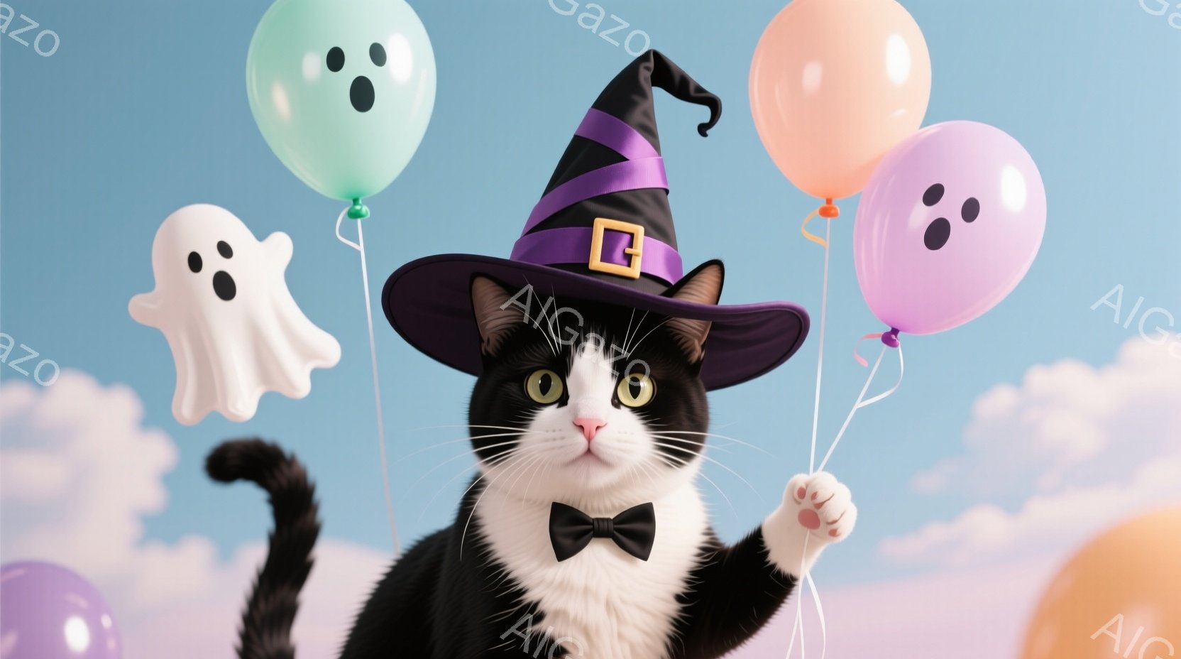 黒と白の猫がハロウィーンの帽子と蝶ネクタイを身に着けて正面を見つめています。猫はいくつかの色とりどりの風船（オレンジ、紫、ピンク、水色）を手で持っており、背景は柔らかいパステルカラーの空と雲で、お祝い - AI生成フリー素材