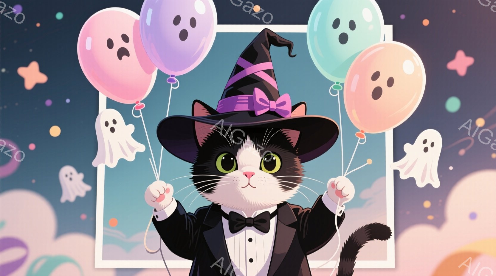 白黒の猫が、黒い燕尾服と蝶ネクタイを身に着け、ハロウィーンの帽子をかぶっています。猫は両手に幽霊の形をした風船を持ち、少し上目遣いで楽しそうにしています。背景は薄紫色のグラデーションで、小さな星や幽霊のイラストが散りばめられており、お祭り気分を盛り上げています。