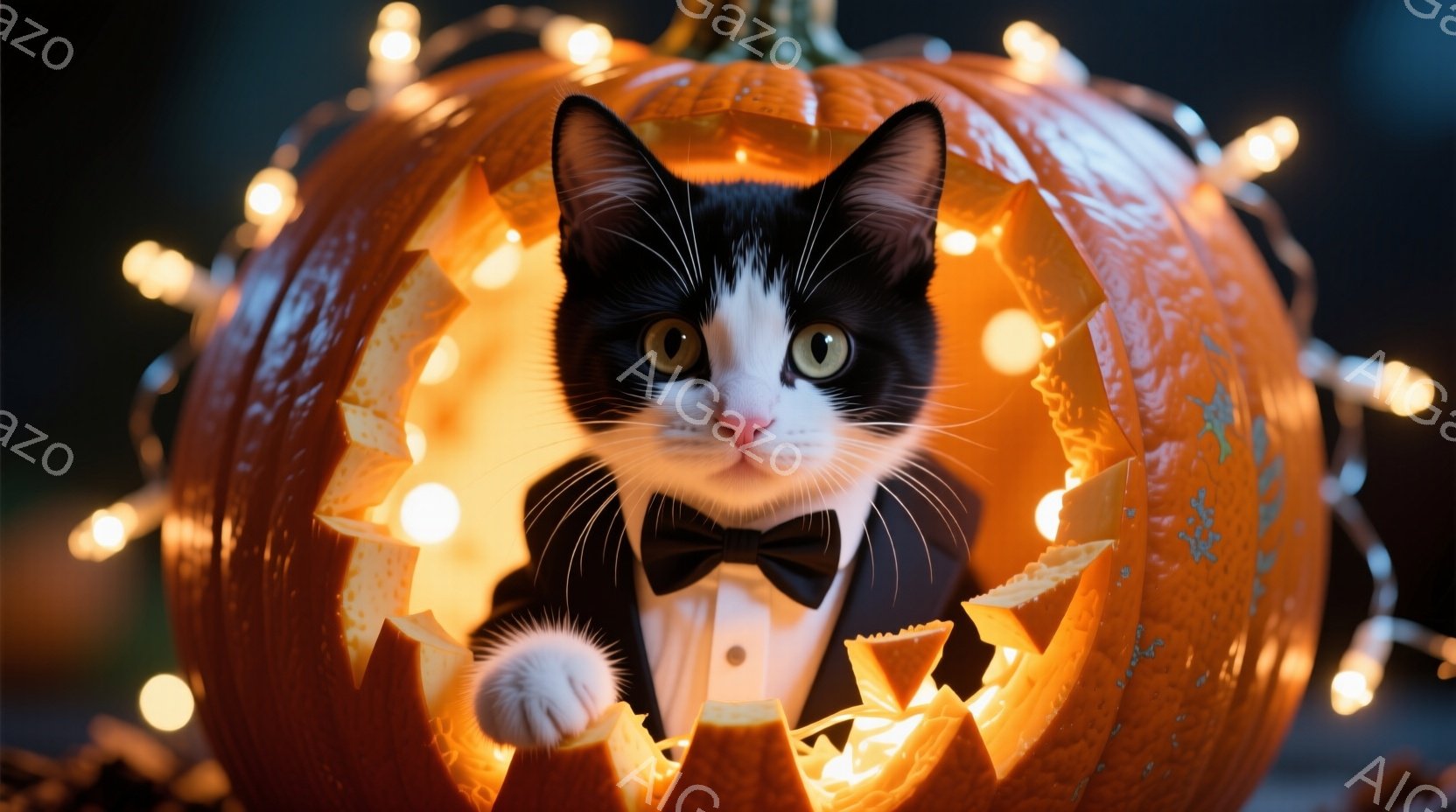 白と黒の猫が、ハロウィーンのくり抜かれたカボチャの中に座っています。猫は蝶ネクタイと白いシャツを着ており、少し驚いたような、または好奇心旺盛な表情をしています。背景にはぼんやりとした光が点滅しており、 - AI生成フリー素材