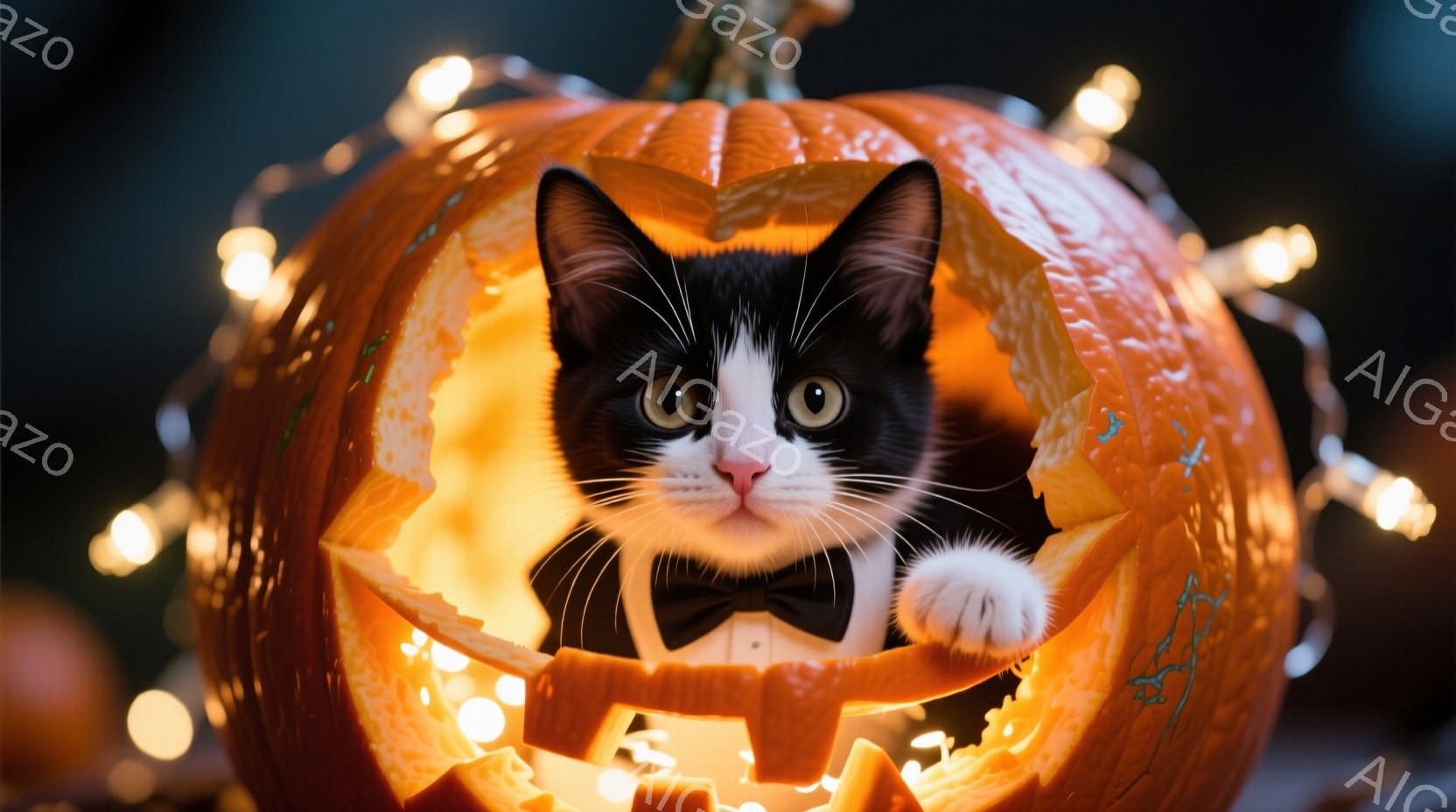 白と黒の猫が、ハロウィーンのくり抜かれたカボチャの中に座っており、小さな蝶ネクタイを締めています。猫は前足を伸ばして少しこちらを見ており、その表情はどこか可愛らしく、好奇心旺盛です。背景にはぼやけた光 - AI生成フリー素材